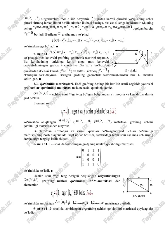 raf deb ataladi. bunday graf tekislikda yotuvchi graf deb ham atalishi mumkin.6- shakl boshqacha so‘zlar bilan aytganda, tekis grafning barcha uchlari bir tekislikda yotadi hamda barcha qirralari (yoylari) o‘sha tekislikda yotuvchi o‘zaro kesishmaydigan uzluksiz chiziqlar bo‘lib, ular faqat o‘zlari insident bo‘lgan uchlardagina umumiy nuqtalarga ega. platon jismlariga mos barcha graflar tekis graflardir.7- shakl tekis grafga izomorf graf planar graf deb ataladi. tekis bo‘lmagan grafga ajoyib misol uchta uy va uchta quduq haqidagi boshqotirma masalaga mos grafdir. uchta , , uylar va uchta , , quduqlar bor. har bir uydan har bir quduqqa ixtiyoriy ikkitasi kesishmaydigan qilib uzluksiz yo‘lakchalar o‘tkazish mumkinmi? qog‘ozda masala shartini qanoatlantiradigan grafni chizishga urinishlar muvaffaqiyatsiz tugaydi. shunday urinishlardan biri 9- shaklda keltirilgan.8- shakl darvoqe, uchta uy va uchta quduq haqidagi boshqotirma masalaga mos graf har bir bo‘lagida uchtadan uchi bo‘lgan ikki bo‘lakli to‘la grafga misol bo‘la oladi. tekis bo‘lmagan grafga yana bir misol beshta uchga ega bo‘lgan …