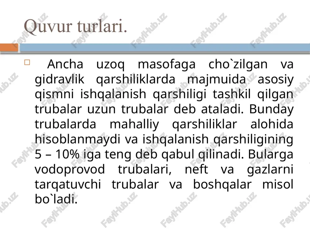 bo`lagini ko`ramiz. asosiy truboprovod a nuqtadan uchta 1, 2, 3 tarmoqlarga ajralsin. ularning oxirgi nuqtalarining balandliklari z1, z2, z3, bosimlari p1, p2, p3, sarflari q1, q2, q3 bo`lsin . u holda bu sarflarning yig`indisi asosiy trubadagi sarfga to`g`ri keladi: q = q1+q2+q3 har bir tarmoq uchun bernulli tenglamasini quyidagicha yozish mumkin: trubalarning tarmoqlarga bo`linishi. bu tengliklarda p1, p2, p3, larni atmosfera bosimiga teng deymiz va eka-nini hisobga olib hamda 1, 2, 3 trubalar uchun (9.2) formuladan foydalanib, quyidagilarni yozamiz: e’tiboringiz uchun raxmat! image5.jpeg image6.jpeg image7.wmf image8.wmf oleobject1.bin oleobject2.bin image9.wmf image10.wmf oleobject3.bin oleobject4.bin image11.wmf image12.wmf image13.jpeg oleobject5.bin oleobject6.bin image14.wmf image15.wmf image16.wmf image17.wmf image18.wmf image19.wmf oleobject11.bin oleobject12.bin oleobject13.bin oleobject7.bin oleobject8.bin oleobject9.bin oleobject10.bin image20.wmf oleobject14.bin image21.jpeg image22.jpeg image23.jpeg image24.wmf image25.jpeg oleobject15.bin image26.wmf oleobject16.bin image27.wmf image28.wmf image29.wmf image30.jpeg oleobject17.bin oleobject18.bin oleobject19.bin image31.wmf . ..... 2 2 1 1 n n m l m l m l h h h h h h h + …
