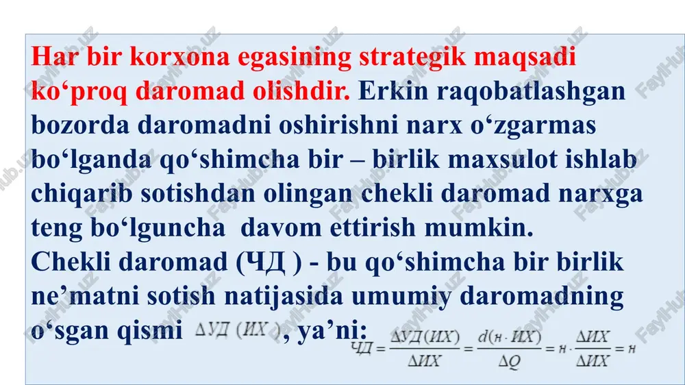 ‘lagungacha olingan foyda — bu umumxo‘jalik faoliyatidan olingan foyda, plyus favqulodda (ko‘zda tutilmagan) vaziyatlardan ko‘rilgan foyda va minus zarar sifatida aniqlanadi: stf = uf+ fp- fz bu yerda: stf — soliq to‘lagungacha olingan foyda; uf — umumxo‘jalik faoliyatidan olingan foyda; fp — favqulodda vaziyatlardan olingan foyda; fz — favqulodda vaziyatlardan ko‘rilgan zarar. sf- yilning sof foydasi — bu, soliq to‘langandan keyin xo‘jalik yurituvchi subyekt ixtiyorida qoladi, o‘zi dadaromadi (foydasi)dan to‘lanadigan soliqni va minus qonun hujjatlarida nazarda tutilgan boshqa soliqlar va to‘lovlarni chiqarib tashlangan holda soliqlar to‘lagunga qadar olingan foydani ifodalaydi: sf = stf-ds-bs bu yerda: sf — sof foyda; ds — daromad (foyda)dan to‘lanadigan soliq; bd — boshqa soliqlar va to‘lovlar. har bir korxona (firma) yashashi va ravnaq topishi uchun foyda olishi kerak. korxona foydani o‘z rivojini ta’minlovchi birinchi muhim omil deb biladi. foydani maksimallashtirish bilan shug‘ullanmaydigan korxonaning yashab ketish imkoniyati kam bo‘ladi. makroiqtisodiyot sohasida uzoq muddatga foydani maksimallashtirish masalasiga …