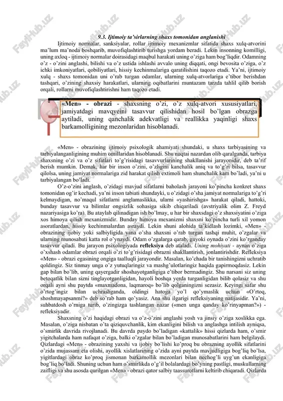 og’liq bo’ladi. masalan, shaxsdagi turli g’oyalar, fikrlar va mafkura mafkuraviy munosabatlar tizimi ta’sirida shakllanib, ular bevosita oila, bog’cha, maktab, boshqa o’quv va tarbiya muassasalari orqali ongga singdiriladi. agar bu ta’sir uning e’tiqodi darajasida ko’tarilsa, va unda yana yangidan - yangi fikrlar va g’oyalarning paydo bo’lishi, o’sishiga olib kelsa, shaxs taraqqiyoti jarayonida shunday faoliyat sohasini tanlaydiki, o’z qobiliyatlari, malaka va ko’nikmalarini rivojlantira borib, ziyoli sifatida yo o’qituvchi, yoki vrach, yoki olim, kashfiyotchi, muhandis bo’lib, elu - yurtiga xizmat qiladi. iqtisodiy munosabatlar ham shaxs ongi va uning insoniy xususiyatlari shakllanishida katta rol o’ynaydi. masalan, bosqichma - bosqich bozor munosabatlariga o’tayotgan o’zbekiston sharoitini oladigan bo’lsak, yangicha iqtisodiy o’zgarishlar, bozor, raqobat, legalizasiya va shunga o’xshash yangiliklar har bir shaxsning moddiy boyliklar va ularga bo’lgan shaxsiy munosabatlarida aks etib, uning iqtisodiy ongi, tafakkuri va iqtisodiy xulqi normalarini belgilaydi. 0. ijtimoiy normalar, sanksiyalar va shaxs ijtimoiy norma - shaxs hayotida shunday kategoriyaki, u jamiyatning o’z a’zolari …
