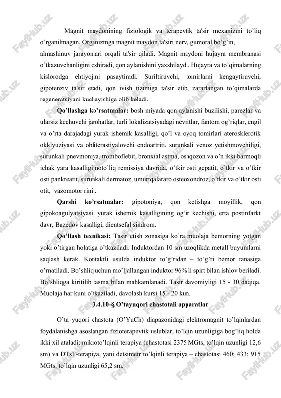 bilan taminlanishi kam bo’lgan to’qimalar moyil bo’ladi va demak, termoregulyatsiyasi (issiqlikni boshqarish) yomon bo’ladi, masalan, ko’z gavhari, shishasimon jism va boshqalar. elektrmagnit to’lqin biologik jarayonlarga tasir ko’rsatib, vodorod bog’larini uzishi va dnk hamda rnk makromolekulalari orientatsiyasiga tasir etishi mumkin. elektrmagnit to’lqin tananing qismiga tushganda teri yuzasidan qisman qaytishi yuz beradi. qaytish darajasi havo va biologik to’qimalar dielektrik singdiruvchanligining farqiga bog’liq. agar elektrmagnit to’lqinlar bilan nurlantirish masofadan turib amalga oshsa, unda elektrmagnit to’lqin energiyasining 75 % -gacha qaytishi mumkin. bu holda nurlatgichda generatsiya qilinadigan quvvatga qarab birlik vaqt ichida bemor yutadigan energiya haqida fikr yuritish mumkin emas. elektrmagnit to’lqin bilan kontaktli nurlantirishda (nurlatgich nurlantirilayotgan yuzaga tegib turadi) generatsiya quvvati organizm to’qimasi qabul qilgan quvvatga mos keladi. elektrmagnit to’lqinning biologik to’qimalarga kirish chuqurligi bu to’qimalarning to’lqin energiyasini yutish qobiliyatiga bog’liq bo’lib, bu o’z navbatida to’qimalarning tuzilishi (eng muhimi tarkibidagi suv bilan), shuningdek elektrmagnit to’lqinning chastotasi bilan aniqlanadi. shunga ko’ra fizioterapiyada ishlatiladigan santimetrli …