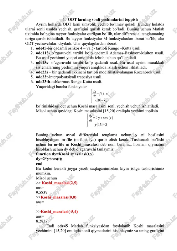 if { operator1} elseif { operator2} else { operator3} end ko’rinishida bo’ladi. agar 1-shart “rost” bo’lsa, boshqarish {operator1}ni bajarishga uzatiladi. aks holda, ya’ni 1-shart “yolg’on” bo’lsa, u holda boshqarish 2-shartni tekshirishga uzatiladi. agar y “rost” bo’lsa boshqarish {operator2}ni bajarishga uzatiladi, aks holda boshqarish {operator3}ni bajarishga uzatiladi. yuqoridagi formatda shartlar sifatida algebraik ifodalar, mantiqiy va solishtirish amallari bo’lgan >=, , ~=, == kabilar ishlatilishi mumkin. masalan, if i==j a(i,j)=i+j+2; elseif abs(i-j)==1 a(i,j)=-1; else a(i,j)=1; end. shartli operatorning qisqa formatlarida ham foydalanish mumkin: a) if {operatorlar} end b) if {operatorlar1} else {operatorlar2} end. tanlov operatorlari dasturni bajarish yo’lini ko’rsatib beruvchi vositalardan biri tanlov operatorlar switch hisoblanadi. uning formati quyidagicha bo’ladi: switch case operator, operator,…; case {1- qiymat,2- qiymat,…} operator, operator,…; otherwise, operator, operator,… ; end bu operatorlar formatidagi -skalyar ifoda yoki qator(simvolli) bo’lishi mumkin. operator quyidagicha ishlaydi: case ostidagi ga teng bo’lsa, unda ko’rsatilgan operatorlar bajariladi, aks holda otherwise dan keyingi operatorlar …