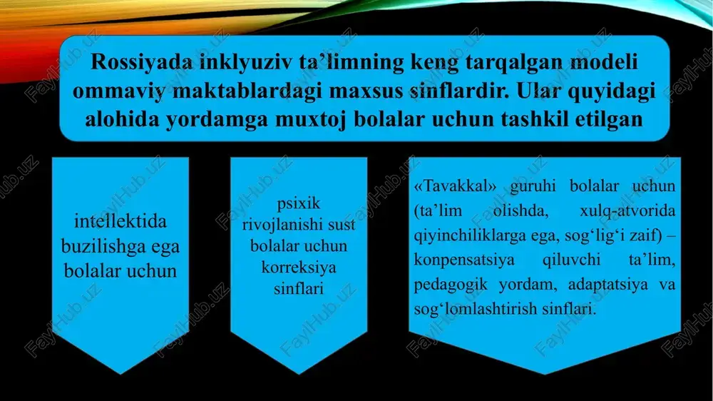 lim vazirligi ta’lim va fan instituti alohida yordamga muhtoj bolalar uchun inklyuziv ta’lim samaradorligini aniklashni o‘z oldiga maqsad qilib qo‘ygan. alohida yordamga muhtoj bolalarga ta’lim berish tajribasi hisobotlari muhokama qilinib, trening materiallari paketi ishlab chiqilgan. ta’lim tuzilishi administratorlari, maktab direktorlarini tayyorlash bo‘yicha ikkita konferensiya o‘tkazilgan, qatnashchilar rayon, chekka qishloqlardagi maktablar faoliyati uchun reja ishlab chiqilgan. qirg‘izistonda inklyuziv ta’limni rivojlantirish tanlab olingan davlat maktablari va xususiy o‘quv muassasalarida olib boriladi. mutaxassislar guruhi ommaviy maktablarda ta’lim olish uchun imkoniyati cheklangan bolalarni tanlab oladi. ularning bazasida o‘qituvchilar, ota-onalar, mahalliy hokimiyat vakillari uchun uchta seminar, ta’lim vazirligi va mahalliy ta’lim departament vakillari uchun respublika miqyosidagi konferensiya ham o‘tkazilgan. qozog‘istonda 2003 yil «maxsus ehtiyojli bolalarni korreksion ijtimoiy va tibbiy-pedagogik qo‘llab-quvvatlash haqidagi» qonun qabul qilindi. bu qonun asosida maxsus ehtiyojli bolalarni umumta’lim muassasalarida ta’lim-tarbiya berish, korreksion pedagogik ish olib borish maqsadida reabilitatsion markazlar, psixologo-pedagogik korreksiya xonalari, maxsus maktab va maktabgacha ta’lim muassasalari qoshida qisqa muddatli guruhlar …