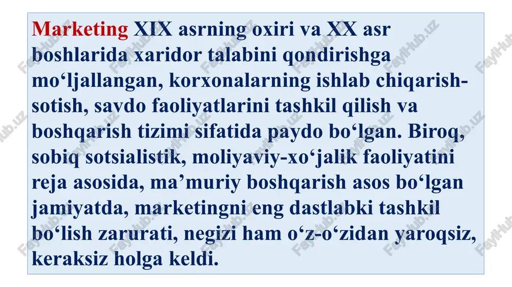 ish uchun xizmat qiladi. marketing faoliyatini amalga oshirish muhiti quyidagi besh qismga bo‘linadi: - nazorat qilinadigan omillar; - nazorat qilinmaydigan omillar; - o'z maqsadiga erishishni tashkil qilishda yutuqlar yoki muvaffaqiyatsizliklar darajasi; - teskari aloqalar; - moslashuvchanlik. kichik tadbirkorlik faoliyatini nazorat qilish jarayoni omillariga tadbirkor tomonidan boshqarishni quyidagicha amalga oshirishi, ya’ni o‘zaro faoliyatiga bog‘liq bo‘lgan qarorlarini amaldagi qonunchilikka binoan qabul qilishi, yuqori tashkilot rahbariyati tomonidan aniqlik kiritiladi. mamlakatimizda marketingning o‘ziga xos xususiyatlari quyidagilardan iborat: 1. ishlab chiqaruvchilar o‘rtasida raqobatning kuchsizligi. 2. mahsulotlar ishlab chiqarish hajmining taraqqiy etmaganligi. 3. taqsimlovchi va qayta taqsimlovchi vositachi tuzilmalaming an’anaviy kuchli ta’siri bilan asoslanadi. marketingning tarkibiy tuzilishi mikromarketing va makromarketing turlaridan iborat. mikromarketing - tadbirkorlik faoliyatida ishlab chiqarishni shakllantirish, mahsulotlarni ishlab chiqaruvchidan iste’molchiga borish oqimini boshqarish bilan bog‘liq bo‘lgan faoliyat hisoblanadi. uning vazifasi iste’molchilar talabini qondirish bilan bir qatorda tadbirkorning oldiga qo‘ygan maqsadlariga erishishdan iborat. mikromarketing bu ijtimoiy-iqtisodiy jarayon bo‘lib, mahsulot yoki xizmatlarga bo‘lajak (potensial) talab …