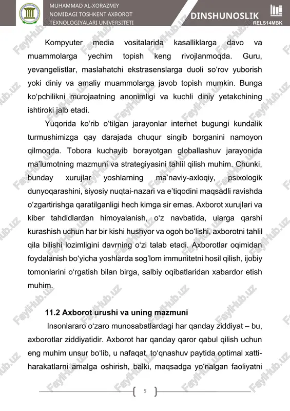 rlarga e’tiborni qaratish joiz. manbalarda ta’kidlanishicha, “axborot urushi” atamasi ilk bor 1976-yil “boying” kompaniyasi uchun tayyorlangan “qurol tizimi va axborot urushi” deb nomlangan hisobotda tomas rona tomonidan ishlatilgan. hujjatda mutaxassis axborot infratuzilmasi aqsh iqtisodiyotining muhim komponentiga aylanib borayotgan axborot sohasi ham urush, ham tinchlik holatlarida nozik, zaif tarmoq bo‘lib qolayotganini ta’kidlagan. t.rona tomonidan ilgari surilgan ushbu g’oya harbiylar ommaviy axborot vositalari xodimlarida katta qiziqish uyg’otdi, bu borada ilmiy tahlillar, interv’yular, chiqishlar avj oldi. 1980-yillarga kelib esa jamoatchilikda axborotning maqsad hamda qurol, vosita sifatida namoyon bo‘lishi haqida yagona xulosa shakllandi. “sovuq urushi”ning nihoyasi va aqsh oldida yangi vazifalar paydo bo‘lishi bilan “axborot urushi” atamasi mudofaa vazirligi hujjatlariga kiritildi. 1991-yil “sahrodagi bo‘ron” operatsiyasi mobaynida axborot texnologiyalari ilk marotaba harbiy harakatlarning vositasi sifatida ishlatildi. 1996-yil pentagon eksperti robert banker aqsh mudofaa kuchlarining xxi asr uchun yangi harbiy doktrinasiga bag’ishlangan ma’ruza qiladi. unda mutaxassis harbiy harakatlar teatrini an’anaviy harbiy makon hamda kibermakondan iborat ikki …