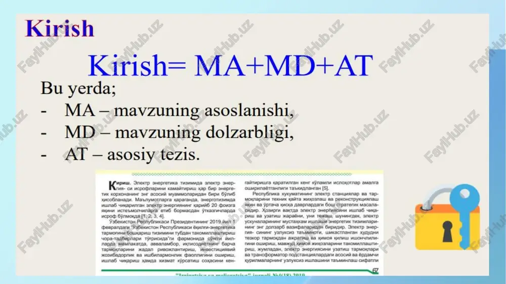 lan ajralib turadi. kam hollarda — 800 — 1000. kirish kirish= ma+md+at bu yerda; - ma-mavzuning asoslanishi, - md-mavzuning dolzarbligi, - at ~—asosiy tezis. asosiy qism aq = d+f+tn bu yerda; - d-—dalillar, - f-— faktlar, - tn -tadgigot natialari. xulosa bunda olib borilgan tadqiqotning yakunlovchi fikrlari eng qisqa ko‘rinishda beriladi. xynoca: >kussax sunost xyayangam snektp tapmoknapy- aa@ anextp shepruacn ucpodnapuhn kamaitupuu 4yopa-tan- 6upnapunn genraunaw ba ynaphu amanra owmpyuw gopacuga xynocanap ka6yn kunuham, xkymnagah: - arap anextp sheprusicu ucpocbnapu mukoopu 10 cbousgah 15 cbovsraua 6ynca, twkopat ucpocpnapu tana6 aapaxacuaa ba kohmkapnn ae6 kagyn kanmhmlm myymkhh, nekah kopxo- hahmhr ucpodpnap mukgophhh goukapwl ba hasopat kunmul ctpyktypacwhn takomunnautupul tasca kanuhaam. ~ arap anekrpshepruacn ucpodbnapu mukgopu 15 cbovanah 20 ¢bovsraua 6ynca twkopat ucpocpnapn tokopu ae6 gaxonahann. - anextp 9hepruncn ucpocbnapuhm kamaiitupu makca- avaa kyuhm xyayanapaah tpaxcnopruposka kunuhaétrah anexrp shepruacn m“kdopkh kamaitmpul ba xyaya mmkohy- atnapmaah kenw6 4mko snektp sheprmacmhy muunag ymkyehn kopxohanaphw tawwkmn …