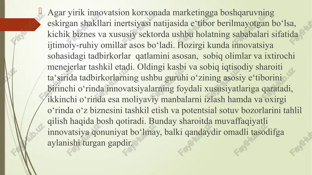 va institutsional sharoitlarni o’rganish, hamda bunday mahsulotning import va eksporti, kvotalashtirish, standartlar bo’yicha cheklashlar, majburiyatlar, soliqlar va subsidiyalar bilan bog’liq qonunchilik amaliyoti ham kiradi. bunga bunday mahsulotni milliy ishlab chiqarishning mavjud darajasi, importning mavjudligi va imkoniyati, eksportning mavjud darajasi importning o’rnini bosuvchi mahsulotni ishlab chiqarish va to’ldiruvchi yangiliklar haqidagi ma’lumotlarni tahlil qilish zarur. innovatsion marketingning qoidalariga muvofiq yangi tovarni qabul qilish quyidagi bosqichlardan tashkil topadi: birlamchi xabardorlik. iste’molchi innovatsiya haqida xabar topadi, yetarlicha axborotga ega emas. tovarni tanish. iste’molchi ba’zi bir axborotga ega, yangilikka qiziqadi: yangilik haqida qo’shimcha axborotlar (reklama, prospektlar, ma’lumotnomalarni qidirishi mumkin). yangi tovarni identifikatsiyalash. iste’molchi yangilikni sinovdan o’tkazishi haqida qaror qabul qiladi. iste’molchi yangilikni o’zining ehtiyojlari bilan tanishtiradi. yangilikdan foydalanish imkoniyatlarini baholash. iste’molchi innovatsiya va xarid qilish ehtimoli haqidagi ma’lumotlarni olish maqsadida yangilikni sinovdan o’tkazadi. test natijalari bo’yicha yangilikni xarid qilish yoki yaratishga investitsiya kiritish haqida qaror qabul qilish. 12.1-jadval innovatsiyalar iste’molchilari kategoriyalari ularni yangi tovarga moyilliklari …