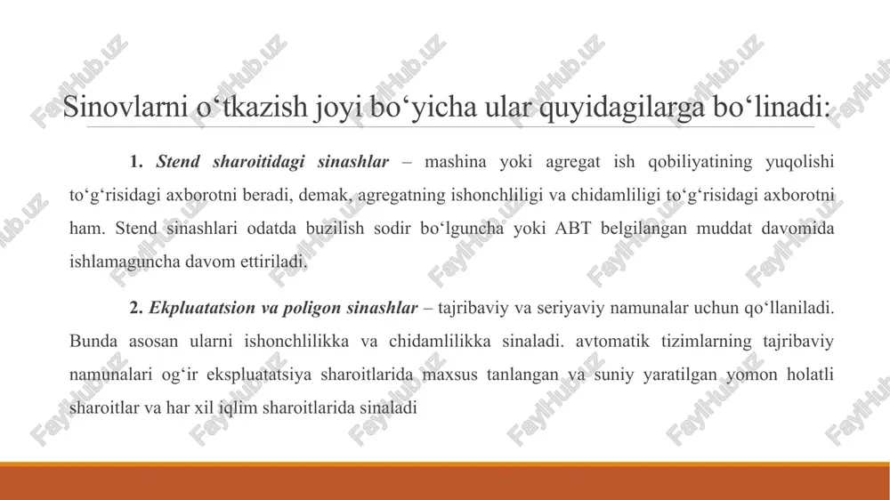 halliy tizimlar va asboblarning o'xshash sonlarining mavjudligi , bu nisbatan qisqa vaqt ichida statistik jihatdan ishonchli ma'lumotlarni olish imkonini beradi . stend sharoitidagi sinashlar sinovlarni o‘ tkazish joyi b o‘ yicha ular quyidagilarga b o‘ linadi : 1 . stend sharoitidagi sinashlar – mashina yoki agregat ish qobiliyatining yuqolishi t o‘ g‘risidagi axborotni beradi , demak , agregatning ishonchliligi va chidamliligi t o‘ g‘risidagi axborotni ham. stend sinashlari odatda buzilish sodir b o‘ lguncha yoki abt belgilangan muddat davomida ishlamaguncha davom ettiriladi . 2 . ekpluatatsion va poligon sinashlar – tajribaviy va seriyaviy namunalar uchun q o‘ llaniladi . bunda asosan ularni ishonchlilikka va chidamlilikka sinaladi . avtomatik tizimlarning tajribaviy namunalari og‘ir ekspluatatsiya sharoitlarida maxsus tanlangan va suniy yaratilgan yomon holatli sharoitlar va har xil iqlim sharoitlarida sinaladi nazorat sinovlari nazorat sinovlarining maqsadi - ishonchlilik ko'rsatkichlarining haqiqiy qiymatlari standartlar , texnik shartlar va talablariga muvofiqligini tekshirish , ya'ni tizimning ishonchliligi …