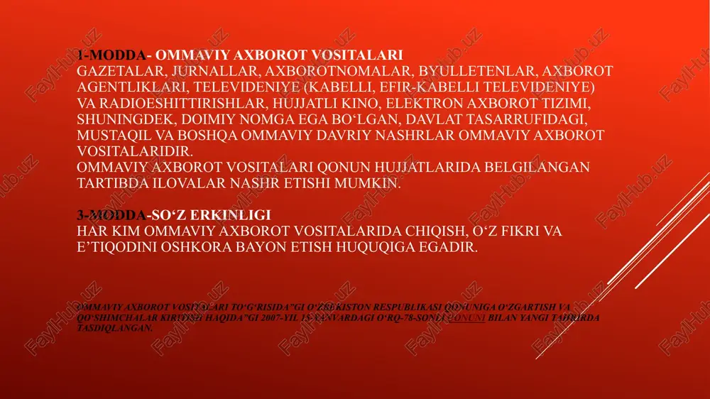 chun savollar: ommaviy axborot vositalariga nimalar kiradi? ommaviy axborot vositalarining jamiyatdagi o‘rni qanday? ommaviy axborotvositalari kuni qachondan boshlab bayram sifatida nishonlanmoqda? ommaviy axborot vositalari to ‘g ‘risida qanday qonun va qarorlarni bilasiz? ilk gazetalar qayerlarda chiqa boshlagan? 6.matbuot erkinligi qaysi qonun moddasiga kiritilgan? ommaviy axborot vositalariga nimalar kiradi? radio tarixi haqida nimlarni bilasiz ? image1.jpeg image2.jpeg > mamlakatimizda istiqlolning ilk yillaridan demokratik huquqiy davlat qurish va kuchli fuqarolik jamiyatini barpo etish yo’ lida keng ko’lamli islohotlar amalga oshirilmoqda. jumladan, axborot va so’z erkinligini ta’minlash, ushbu sohani liberallashtirish o’zbekistonda demokratik, huquqiy davlat va kuchli fuqarolik jamiyatini barpo etishning muhim ustuvor yo’nalishi sifatida belgilandi. 1991 yili o’zbekistonda 395 ta oav faoliyat yuritgan bo’lsa, bugun ularning soni 1437 taga yetdi. ayni vaqtda, mavjud nodavlat bosma oav jami bosma oavning 62,7 foizini tashkil etmoqda. 1990 yilda 9 nashriyot bor edi, bugun ularning umumiy soni 112 ta. yaratilayotgan imkoniyatlar tufayli matbaa korxonalarining soni ham yil …