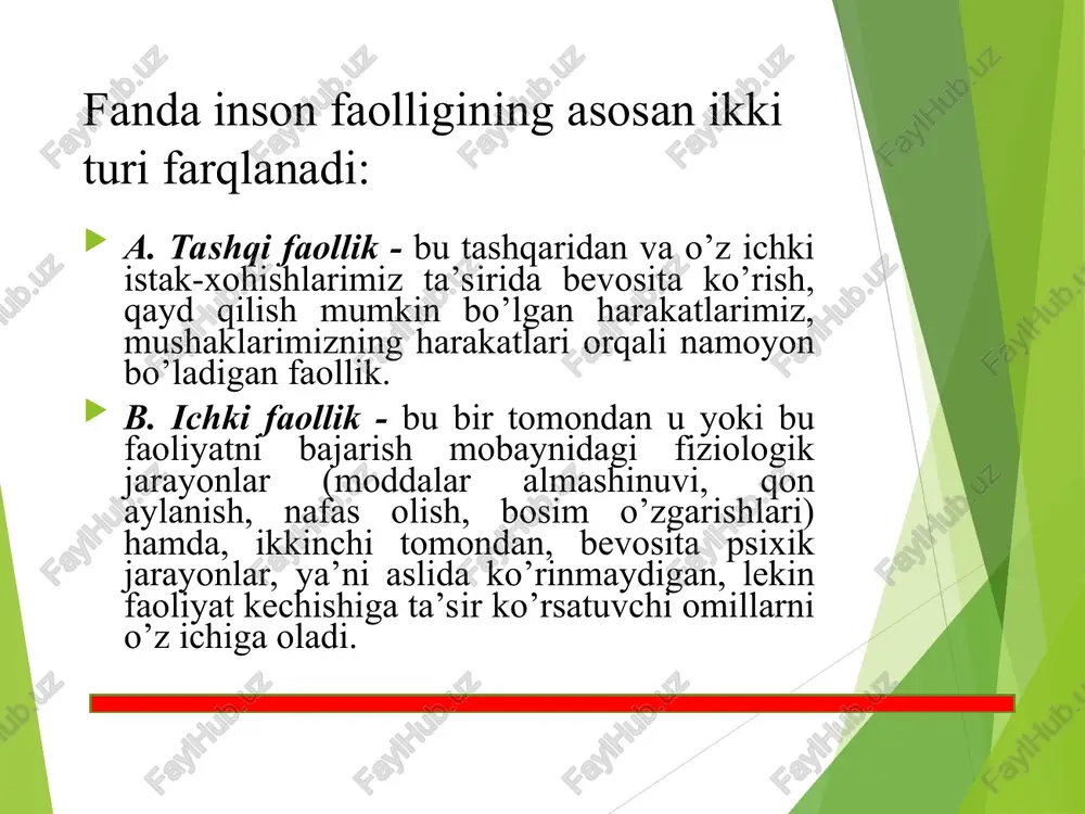 katlari ham aqliy komponentlardan xoli emas, u qaysi bargning va nima uchun ortiqcha ekanligidan anglab, bilib turib olib tashlaydi. aqliy harakatlar - shaxsning ongli tarzda, ichki psixologik mexanizmlar vositasida amalga oshiradigan turli-tuman harakatlaridir. eksperimental tarzda shu narsa isbot qilinganki, bunday harakatlar doimo motor harakatlarni ham o‘z ichiga oladi. bunday harakatlar quyidagi ko‘rinishlarda bo‘lishi mumkin: pertseptiv – ya‘ni, bular shunday harakatlarki, ularning oqibatida atrofdagi predmetlar va hodisalar to‘g‘risida yaxlit obraz shakllanadi; mnemik faoliyat, narsa va hodisalarning mohiyati va mazmuniga aloqador materialning eslab qolinishi, esga tushirilishi hamda esda saqlab turilishi bilan bog‘liq murakkab faoliyat turi; fikrlash faoliyati - aql, faxm-farosat vositasida turli xil muammolar, masalalar va jumboqlarni yechishga qaratilgan faoliyat; imajitiv - («image» -obraz so‘zidan olingan) faoliyati shundayki, u ijodiy jarayonlarda hayol va fantaziya vositasida hozir bevosita ongda berilmagan narsalarning xususiyatlarini anglash va hayolda tiklashni taqozo etadi. * * anebu], miastsisran daya