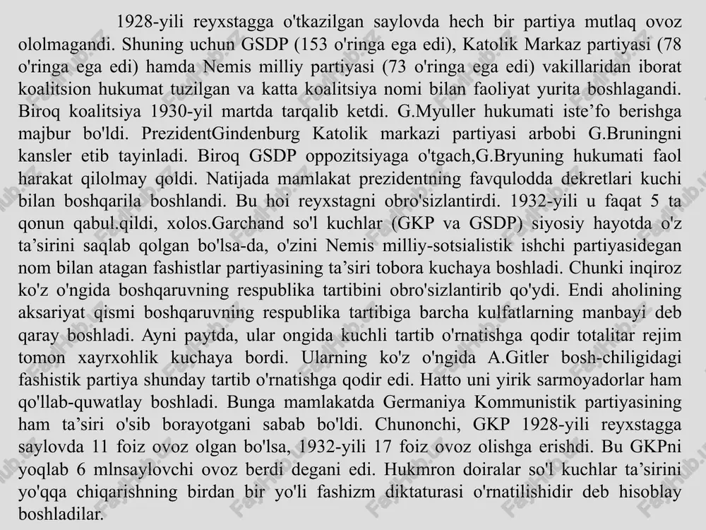 ik tartibi o‘rnatildi. ayni paytda yangi jahon urushi tashabbuskori bo‘lgan davlatlar ittifoqi qaror topdi. xususan, 1936-yil noyabrida germaniya va yaponiya «antikomintern pakti» deb atalgan paktni imzoladilar. 1937-yilda bu paktga italiya ham qo‘shildi. shu tariqa berlin — rim — tokio uchburchagi — dunyoni kuch ishlatish yo‘li bilan qayta bo‘lishga intilayotgan 3 davlat agressiv ittifoqi vujudga keldi. bundan ruhlangan yaponiya xitoyda yanada yirik bosqinchilik harakatlarini boshladi. e’tiboringiz uchun rahmat !!! image1.jpeg image2.jpeg image3.jpeg image4.jpeg image5.jpeg image6.jpeg image7.jpeg image8.jpeg image9.jpeg facism and nazism | omar soto blé fsosm the rise of fascism in italy /docprops/thumbnail.jpeg ‘mavzu: ikkinchi jahon urushi ara fasidagi ‘alqaro munosabatlar b ra 0 + fashizmni vujudga kelis. + 1919-1939 yillarda yevropa davlalar o tasidagidiplomativa lo