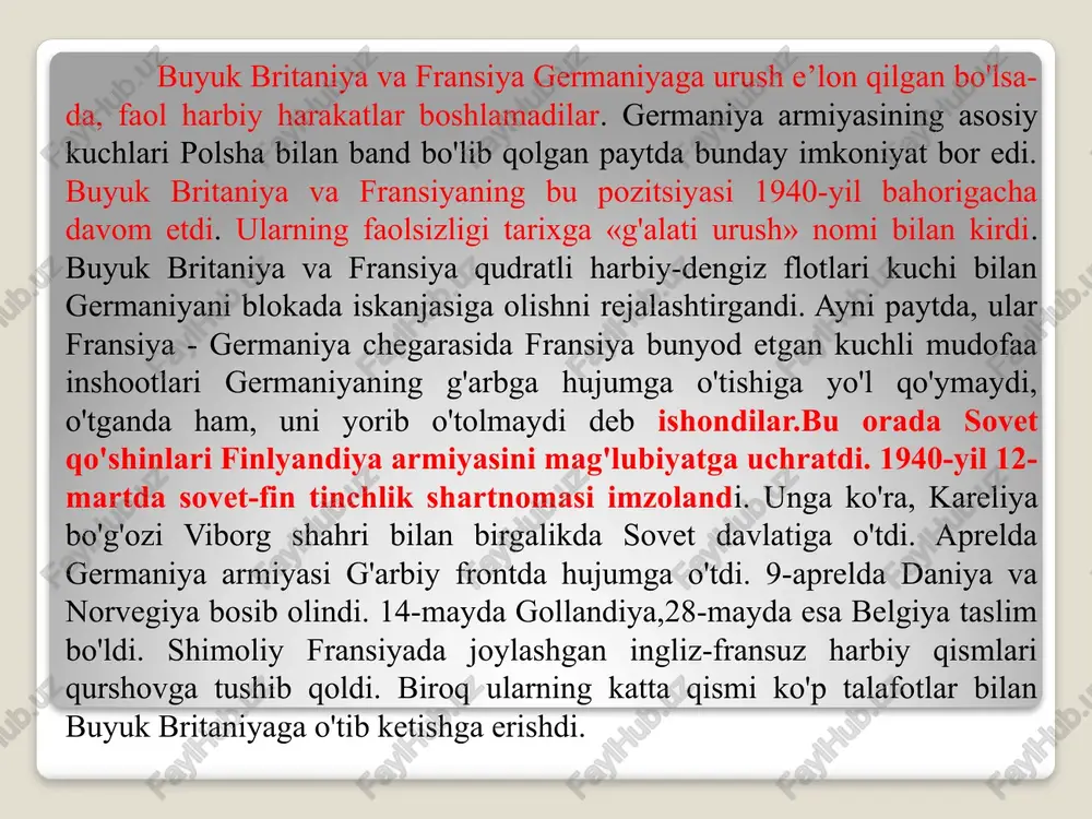 hda tub burilish uchun asos hozirlana bordi. 1943-yilda stalingrad va kurskdagi g'alabalar tufayli germaniya sssr hududidan surib chiqariladi. 1944-yili uzoq kutilgan ikkinchi front ochildi. 6-iyunda general duayt eyzenxauer boshchiligidagi ingliz-amerika birlashgan kuchlari fransiya shimolidagi normandiya sohillariga tushadi. 1945-yil 8-may kuni karlxostda germaniya taslim boʻlganligi haqida hujjat imzolandi.1945-yil3-sentabrda yaponiya soʻzsiz taslim boʻladi va urush nihoyasiga yetdi. ikkinchi jahon urushidan so'ng dunyo siyosatida jiddiy o'zgarishlar bo'ldi. bmtning roli ancha kuchaydi. fashist jinoyatchilar boshliqlari jazolandi. 1945-yil 20-noyabrdan 1946-yil 1-sentyabrgacha xalqaro tribunal fashist jinoyatchilami sud qildi. 12 kishi o'lim jazosiga hukm qilindi. 7 kishi uzoq muddatli va umrbod qamoq jazosiga hukm qilindi. bu urush aybdorlarining tarixda birinchi marta xalqaro miqyosda jazolanishi edi. urushdan so'ng qurollanish poygasi avj oldirildi. aqshda atom bombasi yaratilgandan keyin, sssr ham 1949-yili atom bombasini yaratdi va uni sinovdan o'tkazdi. aqsh 1952-yili yanada dahshatliroq ommaviy qirg'in quroli - vodorod bombasini yaratdi. uning qudrati 10 mln tonnatrotilga teng edi. sssr esa bir …