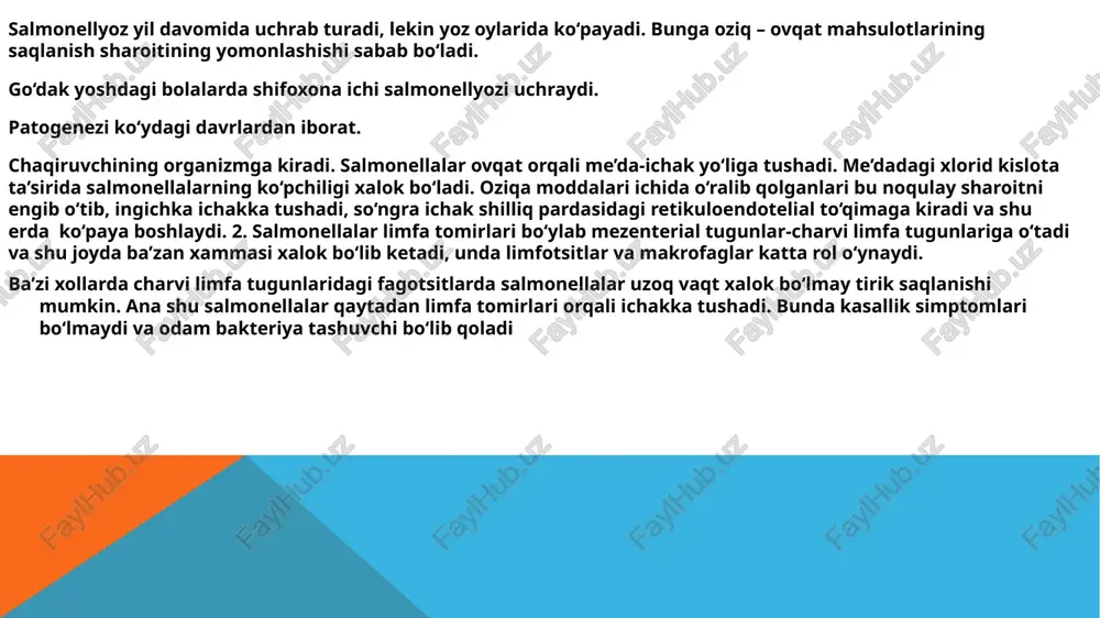aydi. salmonellyozning asosiy asoratlari orasida kuchli suvsizlanish, ichakdan qon ketish, ichak devorining teshilishi (ichak shilliq qavatining yaxlitligini buzish, teshilish) kiradi. bolalarda invaginatsiya (volvulus) va rektal shilliq qavatning prolapsasi, neyrotoksikoz (salmonella toksinlarining asab tizimiga jiddiy ta'siri) paydo bo'lishi mumkin. kritik asoratlarga haddan tashqari suvsizlanish, qondagi infektsiya va toksinlar ta'siridan kelib chiqqan shok holatlari kiradi. ushbu fonda o'tkir buyrak etishmovchiligi va organlarda yiringli jarayonlar rivojlanishi mumkin (xoletsistit - o't pufagining yallig'lanishi, meningit - miya va orqa miya miya pardasining yallig'lanishi, endokardit - yurakning ichki shilliq qavatining yallig'lanishi va boshqalar). salmonellyozning gastrointestinal shaklida avvalo bemor me’dasi yaxshilab qayta-qayta yuviladi. kasallik engil o‘tganda bemorga 4-parxezda ko‘zda tutilgan ovqatlar va ko‘p miqdorda suyuqlik berish – glyukoza-elektrolit eritmasi (regidron, glyukosan) tayinlanadi (bemor qancha suyuqlik yo‘qotgan bo‘lsa, shuncha suyuqlik ozgina-ozgina ichiriladi. kasallik o‘rtacha og‘irlikda o‘tgan xollarda, gemodinamika izdan chiqmagan bo‘lsa va bemorning qusishi kam kuzatilganda xam peroral regidratatsiya bilan kifoyalaniladi. gemodinamika izdan chiqqanda va bemor tez-tez qusib …