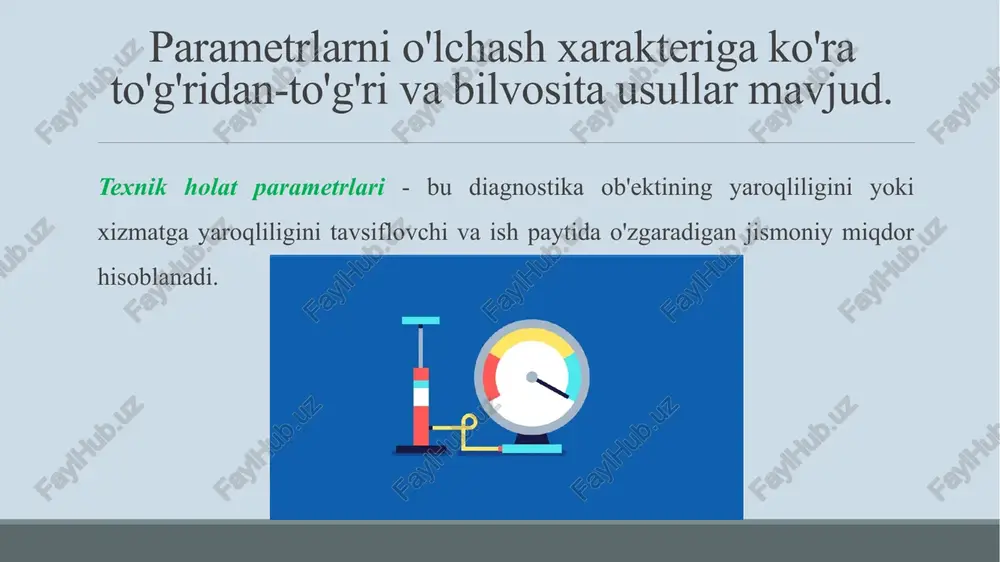 ab baholanadi . diagnostikalash qurilmalari birinchi navbatda ikkiga bo‘linadi : dasturili va apparatli . bundan tashqari , tashqi ( tizimdan alohida joylashgan konstruksiya ) va ichki (tizimning tashkil qiluvchisi ); qo‘lda , avtomatizatsiyalashgan va avtomatik ; maxsus va universal qismlarga ham bo‘linadi . 3. avtomatlashtirish sistemalarning diagnostika ko‘rsatkichlariga ta’sir etuvchi omillar , sistemalarning diagnostik ko‘rsatkichlari . texnologik ishlab chiqarish jihozlari ishlashini avtomatlashtirish tizimlari uchun uskunalar , neft va gazni tashish va qayta ishlash cheklangan miqdordagi elementlardan iborat bo'lib , unda kamchiliklar paydo bo'lishi mumkin . bu avtomatlashtirish tizimlarining uskunalari yakuniy bo'lishi mumkinligini anglatadi . 1516-mavzu : texnik diagnostika usullarining harakteristikasi. fan nomi : “ avtomatlashtirish sistemalarini diagnostikasi va ishonchliligi”. o‘qituvchi : asranov x texnik diagnostika tizimining maqsadiga ko'ra ixtisoslashgan va universalga turlarga bo'linadi obrazets zagolovka 17.03.2022 ‹#› 17.03.2022 ‹#› obrazets zagolovka obrazets teksta vtoroy uroven tretiy uroven chetvertiy uroven pyatiy uroven obrazets teksta 17.03.2022 ‹#› obrazets zagolovka obrazets teksta obrazets …