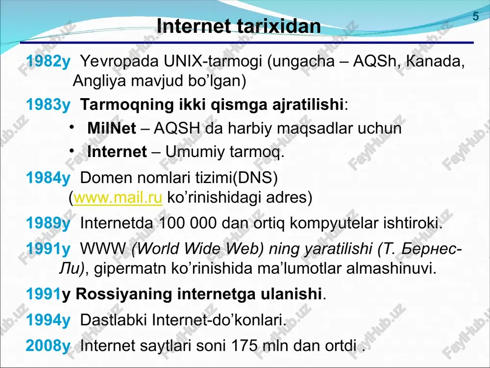 pik (topic) – mihokama mavzusi. topik-strater – boshlovchi tanlagan mavzu. offtopik (off-topic) – mavzudan tashqari fikrlar. * * qidiruv tizimlari indekslar(indeksi) – doimiy imternetning ma’lumotlar omborini to’ldirib turuvchi dastur yoki ishchi. (kataloglar)katalogi – insonlar-ekspert(gid)lar tomonidan qo’lda boyitilib boriladigan ma’luimotlar ombori. ko’plab ko’rsatkichlarning mavjudligi ko’rsatkichlarning mavzuga mos kelmasligi va ularni ko’rsatishning murakkabligi ko’rsatkichlar katalog mundarijasiga mos ko’rsatkichlar soni kam www.google.com, www.yandex.ru, www.rambler.ru www.yahoo.com, www.google.com, list.mail.ru, www.yandex.ru gibridli tizimlar(gibridnie sistemi)– indeks + katalog. * * real vaqtdagi muloqot (online) chatlar (angl. chat – boltovnya) real vaqtdagi matnli ma’lumotlar almashinuvi web-chatlar ( web-sahifalarda): barcha teng huquqli irc-chatlar (internet relay chat, 1988) «so’zlashuv» kanal o’z boshqaruvchilariga ega bo’ladi * * real vaqtdagi muloqot (online) isq (angl. i seek you), «aska», internet-peydjer. registratsiya: www.mirabilis.com, imkoniyatlari: dialog guruhdagi muhokama fayllar almashinuvi ruscha varianti: icq.rambler.ru * * internet-telefon skype (www.skype.com, www.skype.ru) real vaqtdagi so’zlashuv bepul skype – skype qo’ng’iroqlar fayllarni ko’rsatish yakka va guruh da muloqot telekonferensiya …