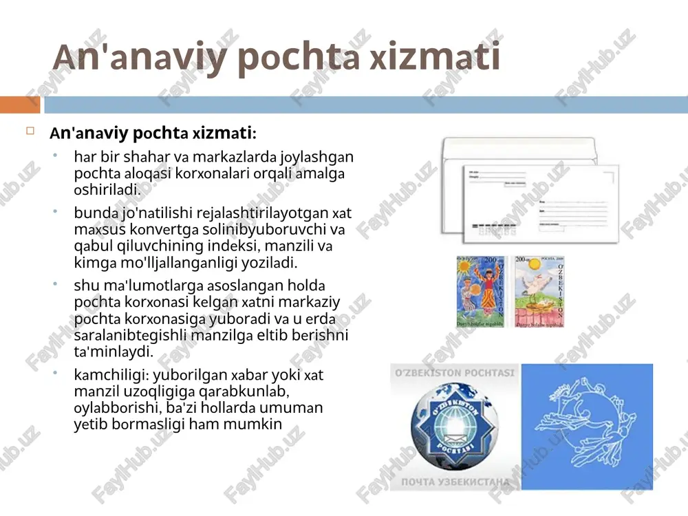 dalit- xatni o'chirish 7. dostavit - yangi xatlarni jo'natibqabul qilish 8. adresa - siz yaratgan elektron adreslar to'plamini ko'rish 9. nayti - xatni qidirish xatni yaratish uchun biz sozdat soobshenie tugmani bosishimiz kerak. natijada yangi xat yaratish oynasi paydo bo'ladi. bu oynaning yukori qismida menyu satri, yordamchi tegmalar satri va xatga tegishli ma'lumotlar sohasi joylashgan. internet domen tizimi uz - uzbekistan kg - kyrgyzstan kz - kazakhstan ru - russia ua - ukraine uk - united kingdom us - united states cn – china de - germany com - commercial edu - us educational gov - government int - international mil - us military net - network org - non-profit organization internet domen nomlari internet manzillarida ishlatilib, ular mamlakat nomlarini, tashkilot va korxonalar faoliyatini anglatadi www.gov.uz spam va spamlarning turlari «spam» termini yangi mazmunda jonga teguvchi elektron tarqatmalar yoki pochta chiqindilari degan ma'noni anglatadi spam kuyidagi turlarga bulinadi: anonim: barcha …