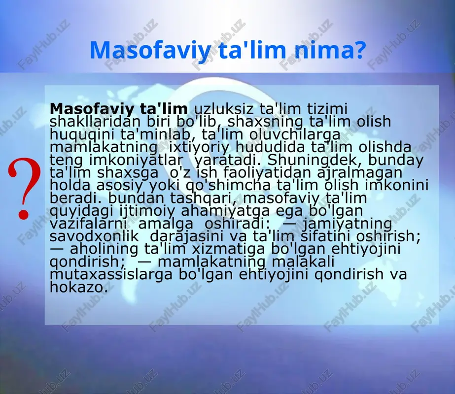 taqil egallash passiv xarakterga ega bo'lmasligi, aksincha tinglovchi faol bilish faoliyatiga jalb qilinishi kerak. 4. tinglovchilarni kompyuter tarmoqlari orqali o'qitish yangi pedagogik texnologiyalarni talab etadi. bunday pedagogik texnologiyalarga hamkorlikda o'qish, loyihalar metodi, muammoli o'qitish metodlarini kiritish mumkin. 5. masofaviy o'qitish tinglovchining o'qituvchi bilan faol muloqotidan tashqari boshqa tinglovchilar bilan ham muloqotni nazarda tutadi. tycts meha hayuat
