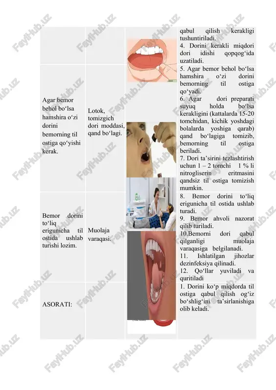 bemor yotishi uchun qulay sharoit yaratiladi. 11. bemor ahvolini kuzatib, muolaja natijasi qayd etiladi. 12. ishlatilgan jihozlar dezinfeksiya qilinadi. 13. qoʻllar yuviladi va quritiladi. eslatma: ba’zi bemorlar shamchani mustaqil kiritmoqchi boʻladilar. bunday hollarda hamshira muolajani oʻtkazish tartibini yaxshilab tushuntirib, muolaja vaqtida kerakli yordamni berish uchun bemor yonida boʻladi. image5.jpeg image6.jpeg image7.jpeg image8.jpeg image9.jpeg image10.jpeg image11.jpeg image12.jpeg image13.jpeg image14.jpeg image15.jpeg image16.jpeg image17.jpeg image18.jpeg image19.jpeg image20.jpeg image21.jpeg image22.jpeg image23.jpeg image24.jpeg image25.jpeg image26.jpeg image27.jpeg image28.jpeg image29.jpeg image30.jpeg image31.jpeg image32.jpeg image33.jpeg image34.jpeg image35.jpeg image36.jpeg image37.jpeg image1.png image2.jpeg image3.png image4.jpeg ysthma /erosol guide \ a 2) fe so osx ne) ji wes ‘tpahcbykkanbho (ga weky) ~~ | cy6nnareansho (rog a3bik) susan cam yee tanyepnk ‘manropes pecan 1246 paratsetamol rel amc 25008