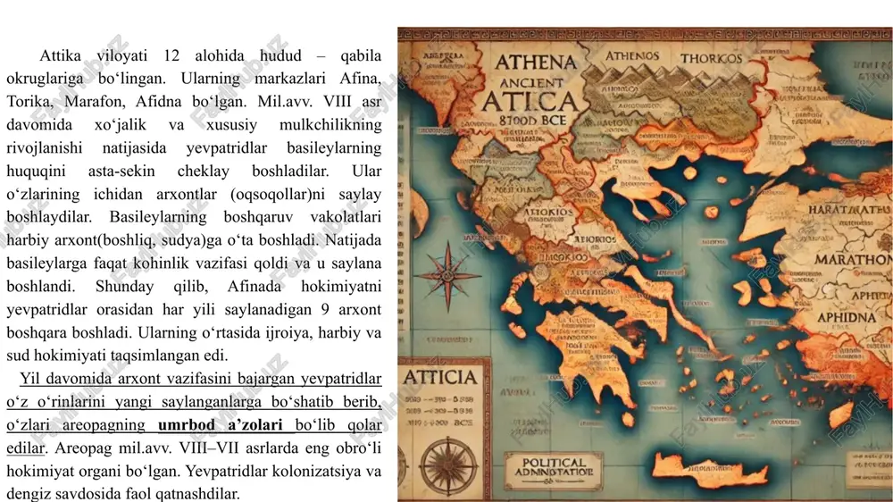 d tizimi isloh qilindi. 30 yoshga yetgan erkin afina fuqa­rolaridan sud maslahatchilari – gemey joriy qilindi. gemey fuqarolar ishi bo‘yicha oliy appelatsiya huquqiga ega bo‘ldi. faqat u jinoiy ishlar bo‘yicha hukm chiqara olar edi. odam o‘ldirish bo‘yicha sud ishi sobiq arxontlar kengashi areopag qo‘lida qoldi. siyosiy huquq mulkiy senz asosida taqsimlandi. afina jami­yati to‘rt toifaga ajratildi: 1. pentakosiomedimnlar – bir yilda 500 medimn g‘alla yoki 500 metret (bir metret – 39 litr) zaytun yog‘i oladigan fuqarolar. 2. suvoriylar (gippeylar). 3. zevgitlar – ikkita eshak aravaga ega bo‘lgan og‘ir qurolli piyodalar. 4. fetlar – hunarmandlar. faqat birinchi uch toifa amalda davlat lavozimlarini egallashi mumkin edi. oliy arxont mansabiga faqat pentakosiomedimn­lar da’vo qilishlari mumkin edi. fetlar polisning bevosita bosh­qaruvidan chetlashtirildilar. xalq yig‘ini – eklessiyada oddiy fuqarolar davlatning umumiy siyosatini belgilashda mansabdor shaxslarni saylashga ta’sir ko‘rsatish, maslahatchilar sudi (gelieya)da ishtirok etib, mansabdor shaxslarning suiiste’mollarini yo‘q qilishlari mumkin edi. solon fuqarolarining siyosiy faolligiga jiddiy …