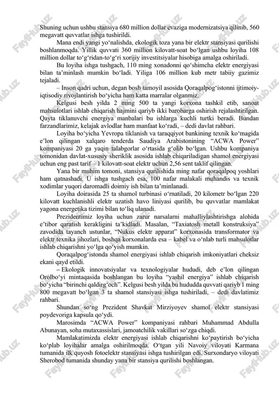 b chiqarish rejalari bayon qilindi. jumladan, mis, noyob metallar, magniy, litiy va grafit zaxiralarini o‘zlashtirish, uglevorod xomashyosi bo‘yicha qidiruv ishlarini kengaytirish masalalari ko‘rib chiqildi. davlatimiz rahbariga mamlakatimiz kimyo sanoatida amalga oshiriladigan loyihalar to‘g‘risida ham axborot berildi. xususan, umumiy maydoni 31 gektardan ortiq “chirchiq” kimyo industrial texnoparki barpo etilmoqda. 2022 yilda texnopark hududida jami 16,5 million dollarlik loyihalarni amalga oshirish, jumladan, polimer termoelastoplast komponentlari, ko‘piktirilgan polipropilen, mikrobiologik preparatlar, qog‘oz, kosmetika mahsulotlari ishlab chiqarishni yo‘lga qo‘yish mo‘ljallangan. toshkent viloyatida fosforli va murakkab turdagi mineral o‘g‘itlar, “navoiyazot” negizida esa kaliy nitrat va sulfat, metanoldan propilen va boshqa kimyoviy mahsulotlar ishlab chiqarishni tashkil etish, sohaga raqamli texnologiyalarni joriy qilish, kimyoviy ilmiy-ishlab chiqarish va ta’lim klasterini tashkil etish loyihalari ko‘rib chiqildi. inson qadri tamoyili asosida qoraqalpogʻistonni ijtimoiy-iqtisodiy rivojlantirish boʻyicha katta marralar belgilandi prezident shavkat mirziyoyev hududlardagi bunyodkorlik ishlari, yirik loyihalar va aholi hayoti bilan tanishish maqsadida qoraqalpogʻiston respublikasida boʻldi. davlatimiz rahbari 24-fevral kuni beruniy tumaniga …