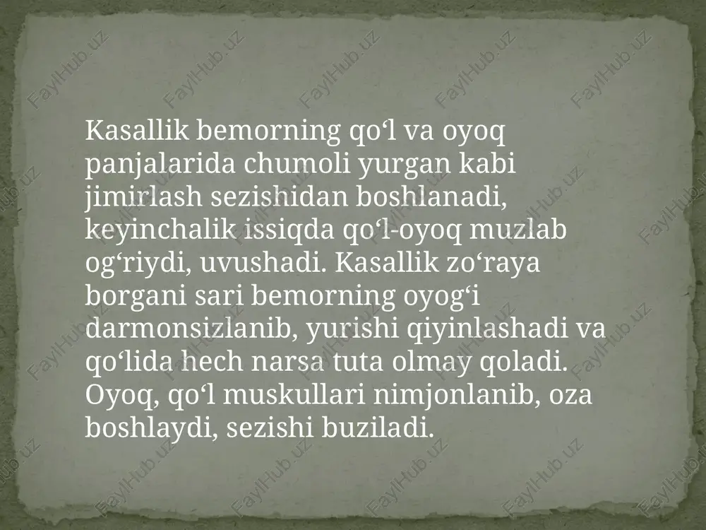 n so‘ng 2 haftalar o‘tib periferik polinevropatiya rivojlanadi. uning belgilari dastlab oyoqlarda, so‘ngra qo‘llarda yuzaga keladi. demak, kasallik giyen-barre sindromiga o‘xshab rivojlanadi. ba’zan buning aksi ro‘y beradi, ya’ni kranial nevropatiyalardan so‘ng periferik falajliklar qo‘llarda paydo bo‘lib, so‘ngra oyoqlarga o‘tadi. diabetik polinevropatiyadan farqli o‘laroq, difterik polinevropatiyada oyoq-qo‘llarning proksimal qismi ham ko‘p zararlanadi. aksariyat hollarda, polinevritik va radikulyar tipdagi sezgi buzilishlari parallel tarzda paydo bo‘ladi. ba’zan kuchli sensitiv ataksiya rivojlanadi. bu holat difterik psevdotabes nomini olgan. qandli diabetda periferik nervlar zararlanishi juda ko‘p uchraydi. diabetik polinevropatiyalar patogenezining asosini surunkali davom etuvchi metabolik va mikrosirkulyator buzilishlar tashkil etadi. shuning uchun ham yil o‘tgan sayin periferik polinevropatiyalar bilan kasallan- ganlar soni oshib boradi va 80–100 % ga yetadi. ammo tez-tez kuzatilib turuvchi gipo- va giperglikemik holatlar diabetik polinevropatiyalar rivojlanishini jadallashtiradi. diabetik polinevropatiya klinikasi. diabetik polinevropatiya klinikasi, odatda, simmetrik tarzda yuzaga keladi va, asosan, sensor, vegetativ va harakat buzilishlaridan iborat bo‘ladi. harakat buzilishlari kam kuzatiladi. …