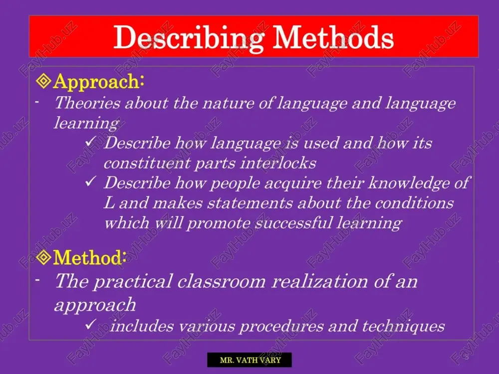 part of the passage and then translate into their l1 what they have just read; . t helps ss with suitable translations in case they lack the required vocabulary: . after finishing reading and translating the passage, t asks l2 learners in their l1 if they have any questions. questions and answers are communicated using l1; . tasks ss to write down answers to the comprehension questions at the end of the passage. the questions are l1 and answers should be in l1 as well; . after answering the questions, t asks each s to read the question and their answer to that question. if the answer is not correct, t selects another s to supply the correct answer, or t gives the right answer. mr. vath vary reaction to gtm * was proposed as a reaction to the grammar translation method in terms of its approach to grammar teaching, …