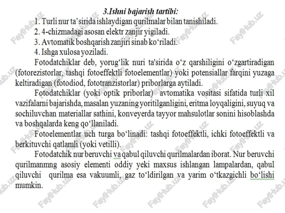 in. 6.5 rasm.qurilmaning elektr sxemasi. il. ishni bajarish tartibi. 1. laboratoriya ishi mavzusi bo‘yicha mavjud nazariy bilimlaringizni takrorlab, laboratoriya qurilmasi tuzilishi bilan tanishib chiqing. ishning maqsadi, unga erishish usullari ya ishni bajarish ketma-ketligini aniqlab oling. 2. laboratoriya qurilmasini elektr tokiga ulang. teshikchali diskni aylantirmasdan lampochkadan chiqayotgan nur fotoqarshilikka tushadigan qilib o‘mating. 3. pk pereklyuchatel bilan l; lampochkaga berilayotgan kuchlanish kattaligini o‘zgartirib borib, fotoqarshilikning tok kuchini yoritilganlik darajasiga bog‘liqli bildiruvchi statik xarakteristikasini aniqlang. yoritilganlik darajasining son qiymatini turlixil kattalikda berilgan kuchlanish qiymatiga mos keladigan nuqtalarda 6.6 rasmda berilgan grafikdan olish mumkin. olingan qiymatlar asosida statik xarkteristika grafigini chizing. 4. diskni aylantiradigan elektryuritmani go‘shing. reostat r yordamida uning tezligini o‘zgartirib borib fotorelening ishlab ketish chegaralarini aniqlang. bunda yorug ‘lik ogimning/,,pulsatsiyasi tezlashib, l; nazorat lampochkasi yonib-o‘chmasdan qolishi kerak. ushbu tajribani besh marta takrorlang va natijalarning o‘rtacha qiymatlarini hisoblang. 5. hisobotni rasmiylashtiring. 10000 | 8 ° ‘ © 4 » q y ™ 1000 …