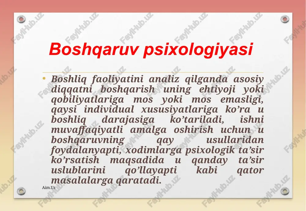 hbarning muomala madaniyati. rahbarlik mahoratining muhim jihati muomala madaniyatidir. yoqimli va muloyim suhbat olib boorish tadbirkorlikda, rahbarlikda katta yutuqqa olib keladi. bunda quyidagi ma’naviy me’yorlarga rioya qilish zarur: aim.uz aim.uz 1. garchi muloqotda unga nisbatan salbiy his-tuyg’uni bildirsa ham, rahbarning o’zini aqlli deb bilishi, nazorat qilinmagan, noto’g’ri xatti-harakatlardan o’zini tiyishi lozim. 2. rahbar suhbatdosh sherigini tushunishi zarur. sherikni, muloqotdoshni tushunmaslik har ikki tomon uchun hamma’qul qarorga kelishga xalaqit beradi. 3. sherik bilan samimiy muloqotda bo’lish. muloqotda sherigi uni eshitishni xohlamasa ham rahbar bir ilojini topib, uning e’tiborini o’ziga jalb qilishi lozim. bu o’rtadagi munosabatlarning yaxshilanishiga olib kelishi mumkin. aim.uz 4. sherikka aytilgan ma’lumot yetarli asoslarga ega bo’lishi kerak. ma’lumot xato yoki yolg’on bo’lsa, muloqot muvaffaqiyatsiz tugaydi. 5. rahbar muloqotda sherigiga nasihat qilishdan saqlanib, sherik bilan teng do’stona, ochiq muloqotda bo’lishi zarur. 6. tadbirkor rahbar sherigiga ortiqcha gapirib uning vaqtini bekorga olmasligi lozim. 7. kelishuv natijalari axloqiy me’yorlarga mos kelishi shart. …
