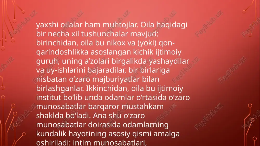 qech bir ijtimoly institutlar bilan tenglashtirib bo'imaydi. aynan olada insonning shaxsi shakllanadi.va rivojlanadi; bola jamiyatda qiyinchiliksiz moslashib ketishi uchun u slanted vazifalarni egallaydi. oila birinchi tarbiyaviy institut sifatida ishtirok etadi, ubilan bogliqlikniinson c o’zining»butun hayoti davomida qis etadi. oilada insonning ma’naviyligiga asos solinadi, quigiy qoidalari yuzaga _ keltiriladi,shaxsning ichki dunyosi wwwyarxiv.uz /docprops/thumbnail.jpeg ‘mavzu-oilagadtimoly pedagogik yordam shakllart