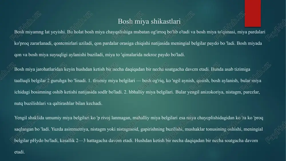 usri qismida joylashadi. bunda umumiy miya belgilari — qusish, bosh og'riq bilan birga mahalliy miya belgilar — bemorda tutqanoq va keyinchalik gemiparez yoki gemiplegiya (bular hamma vacrt qarama-qarshi tomonda) kuzatiladi. bosh miya shikastlari subaraxnoidal — pardalar orasiga qon quyilish. bemorlar qattiq bosh og'riq, qusish, bezovtalik, urrumiy qo'zg'alish, gallutsinatsiya, yorug'likdan va shovqindan bezovta bo'ladilar. bunda hamma meningial belgilar paydo bo'ladi. orqa miya punksiya qilinganda suyuqlikning katta bosim bilan chiqlshi, rangi qlzil bo'lishi kuzatilib, shunga cprab tashxis q^'yiladi. tashxis qo'yishda: eeg, exo, kompyuter tomografiya va kalla suyagini ikki torondan nentgenografiya qilish tavsiya etiladi. bunda gipertenziya belgilari, turk egarining silliqlanishi, barrnoq izlarini rentgenografiyada ko 'rishimiz mumkin. bosh miyada qon quyilishi bo'isa, lumbal punksiya tavsiya etiladi. ko'z tubida bir haftada qontomirlarning kengayishi, keyinchalik dimlanishi paydo bo'ladi. yopiq bosh miya shikastlari harrma vaqt o 'zidan asorat qoldiradi. bular turli xil bo'ladi: shikastdan keyingi ensefalopatiya, shikastdan keyingi leptcmeningit. astenonevrotik ko'rinishdagi bemorlarda bosh og'riq, bosh aylanish, sababsiz …