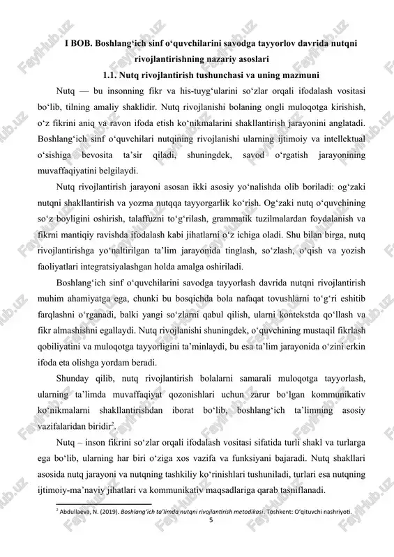 osqichida nutqning shakllanishi o‘ziga xos fazilatlar va qiyinchiliklarga ega. bolalar nutqining rivojlanishi jarayoni asosan quyidagi bosqichlardan iborat: dastlabki tovushlarni eshitish va taqlid qilish, so‘zlarni to‘g‘ri talaffuz qilish, gaplarni qurish va muloqotga kirishish. boshlang‘ich sinfga kelgan bolalar nutq sohasida allaqachon sezilarli rivojlanishga ega bo‘ladi, biroq ular hali ham so‘z boyligini kengaytirish, grammatik qoidalarni chuqurroq o‘zlashtirish va mantiqiy fikrlashni rivojlantirish jarayonida bo‘lishadi. yosh xususiyatlarini hisobga olgan holda nutq rivojlantirishda quyidagi jihatlar muhimdir: bolalarning e’tibor doirasi cheklanganligi, motivatsiyaning o‘zgaruvchanligi, nutqiy faoliyatga bog‘liq qobiliyatlarning (talaffuz, eshitish, so‘z boyligi) darajasi. shuning uchun pedagog nutq mashg‘ulotlarini qiziqarli, o‘yinga asoslangan va interaktiv usullar bilan tashkil etishi lozim. shuningdek, yoshga xos psixologik xususiyatlar nutq rivojlanishiga ta’sir ko‘rsatadi. masalan, kichik yoshdagi bolalar ko‘proq namuna orqali o‘rganadi, shuning uchun nutqni shakllantirishda ko‘rgazmali materiallar va vizual vositalardan foydalanish muhimdir. bu yoshda nutqdagi xatolar tabiiy hol bo‘lib, ularni tuzatishda sabr-toqat va doimiy takrorlash zarur. natijada, yosh xususiyatlarini hisobga olib olib borilgan nutq …