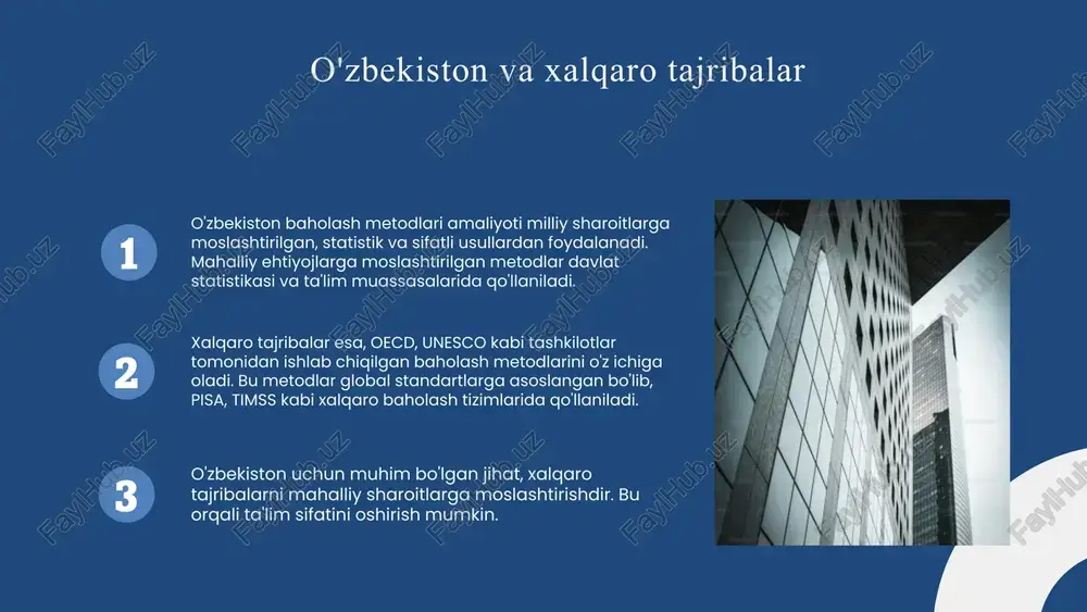 arning muvaffaqiyat darajasini ko'rsatadi. natijalar statistik tahlil, kuzatuv, test va amaliy ishlar yordamida baholanadi. bu jarayon yordamida muhim xulosalar chiqariladi va o'qitishni yaxshilash uchun asos bo'ladi. olingan natijalar asosida tavsiyalar ishlab chiqiladi. bu tavsiyalar kelajakda ta'lim sifatini oshirish va o'quv jarayonini optimallashtirish uchun qabul qilinadi. xalqaro baholash dasturining ahamiyati xalqaro baholash dasturlari, masalan, pisa, timss va pirls, ta'lim sifatini baholashda muhim rol o'ynaydi. bu dasturlar global miqyosda ta'lim tizimlarining darajasini aniqlashga yordam beradi va davlatlarning ta'lim siyosatini shakllantirishda asosiy manba bo'lib xizmat qiladi. o'zbekiston uchun xalqaro baholash dasturlari ta'lim sifatini baholashda muhim ahamiyat kasb etadi. bu dasturlar yordamida mamlakat ta'lim tizimining kuchli va zaif tomonlarini aniqlash, ta'lim sifatini oshirish uchun strategiyalar ishlab chiqish mumkin. bu muvaffaqiyat uchun muhimdir. xalqaro baholash dasturlari ta'lim sohasida raqobatni oshiradi, o'qituvchilar va muassasalar uchun motivatsiya yaratadi. bu yordam bilan ta'lim jarayonining samaradorligini oshirish va innovatsiyalarni joriy qilish mumkin. bu dasturlar ta'limni xalqaro standartlarga moslashtirishda muhim. …