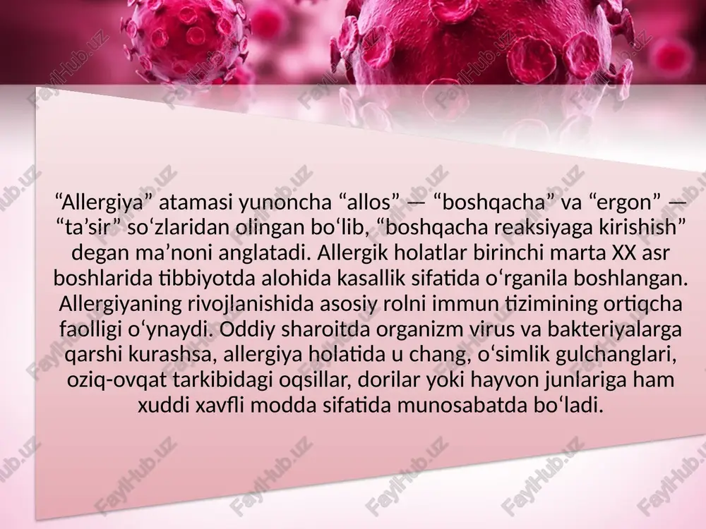 rishlar ham allergiyani kuchaytiruvchi omillar sirasiga kiradi. bahor va yoz mavsumida o‘simliklarning gullashi bilan havoga gulchanglar tarqaladi, bu esa gulchang allergiyasini (pelyul) qo‘zg‘atadi. quruq, shamolli ob-havo allergik changlarning uzoq masofaga tarqalishiga sabab bo‘ladi. allergik kasalliklarning klinik belgilari va oqibatlari allergik kasalliklarning klinik belgilari (simptomlari) juda xilma-xil bo‘lib, ular organizmga kirgan allergen turiga, miqdoriga va insonning individual sezuvchanligiga qarab farqlanadi. allergik reaksiyalar ba’zan yengil o‘tadi, masalan, burun bitishi yoki toshma paydo bo‘lishi bilan cheklanadi, ammo ayrim hollarda ular juda og‘ir, hatto hayot uchun xavfli bo‘lgan holatlarni — anafilaktik shokni ham keltirib chiqarishi mumkin. allergiyaning klinik belgilarini odatda uchta asosiy tizimga ajratish mumkin: teri belgilar, nafas yo‘llari belgilar va ovqat hazm qilish tizimi belgilar. teri belgilar (dermatologik simptomlar) teri allergiyasi eng ko‘p uchraydigan holatlardan biridir. u turli shakllarda namoyon bo‘ladi: qichishish va toshmalar (urtikariya) — terida qizil, qichishuvchi pufakchalar paydo bo‘ladi. ular ko‘pincha oziq-ovqat yoki dori allergiyasidan kelib chiqadi. atopik dermatit — …