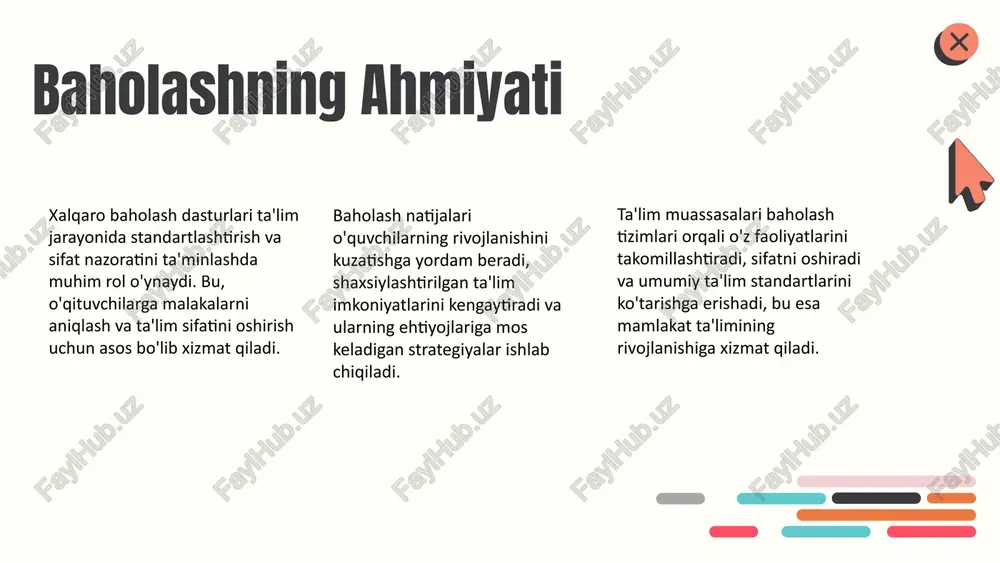 uvlar qo'llaniladi. kichik guruhlar va individual tahlil yordamida, baholash natijalari jamiyat, maktab yoki shaxsiy rivojlanish darajasini aniqlash uchun ishlatiladi. masalan, o'quvchilarning bilim darajasi va o'qituvchilarning muhim muammolari aniqlanadi. bu usullar yordamida, ta'lim sifatini oshirish uchun ma'lumotlar to'planadi va strategiyalar ishlab chiqiladi. natijalar va foydalar natijalar tahlili ta'lim jarayonida muhim ahamiyatga ega. bu, o'qituvchilar va o'quvchilar uchun bilim darajasini baholash, sifatni oshirish, muvaffaqiyat va kamchiliklarni aniqlash va o'qitish usullarini moslashtirish imkonini beradi. natijalar asosida ta'lim muassasalarining strategik rivojlanishi ta'minlanadi. bu jarayon ta'lim sifatini yaxshilashda muhim rol o'ynaydi. photo by altumcode on unsplash kelajak rejalari kelajak rejalari ta'lim sifatini oshirish uchun strategiyalarni o'z ichiga oladi. bu strategiyalar texnologik yangilanishlarni joriy etish, pedagogik metodlarni rivojlantirish, talimda innovatsion yondashuvlar qo'llash va raqamli platformalarni kengaytirishni o'z ichiga oladi. ushbu rejalarning amalga oshirilishi ta'lim sifatini yaxshilash va xalqaro standartlarga moslashishda muhim rol o'ynaydi. photo by getty images on unsplash xulosa xulosa sifatida, xalqaro baholash dasturi ta'lim …