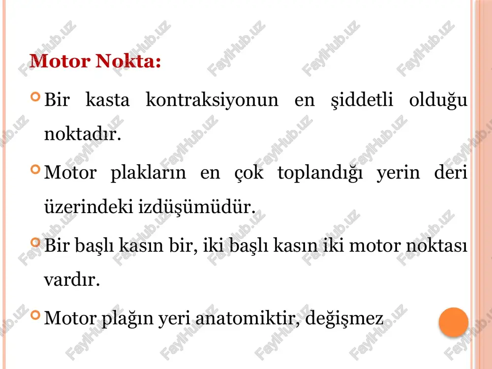 impuls dürasyonu yeterlidir. 6- dürasyonu değiştirirken akım şiddeti sıfıra indirilmelidir. 7- her bir dürasyonda bulunan değerler test kağıdı üzerinde işaretlenerek eğri çizilir. akomodasyon orani triangüler kesikli galvanik akımla elde edilen minimal kontraksiyonun; rektangüler kesikli galvanik akımla elde edilen minimal kontraksiyon a oranıdır. normalde: 3-6 kuvvet-zaman eğri̇si̇ni̇n kli̇ni̇kte kullanildiği yerler 1.periferik sinir yaralanmaları 2. poliomyelit: hastalığın başlangıcından 3 hafta sonra yardımcı olur. 3. fasiyal paralizi 4. myopatiler 5. nevritler kuvvet-zaman eğri̇si̇nde kronaksi̇ni̇n beli̇rlenmesi̇ reobazın bulunduğu değerin iki katı alınarak zaman eksenine paralel çizilir. bu çizginin kuvvet-zaman eğrisini kestiği yerden zaman eksenine inilen dik çizginin bu ekseni kestiği nokta kronaksidir. i kronaksi elektromyografi̇ = emg i̇skelet kaslarının iç elektriki özelliklerini araştırma ve kayıt etme işidir. elektromyografik aletle çalışır. (elektrot, amplifikatör, duyarlılık seti, filtre sistemi, ossiloskop, ses düzeni) emg elektrotları: 1.kayıt elektrotları 2.uyarıcı elektrotlar a. yüzeyel b. iğne(monopolar co-axial) emg’de görülen elektri̇k potansi̇yelleri̇: normal motor ünite potansiyeli: voltajı 100-2000 mikrovolt, 2-10 msn, frekans …
