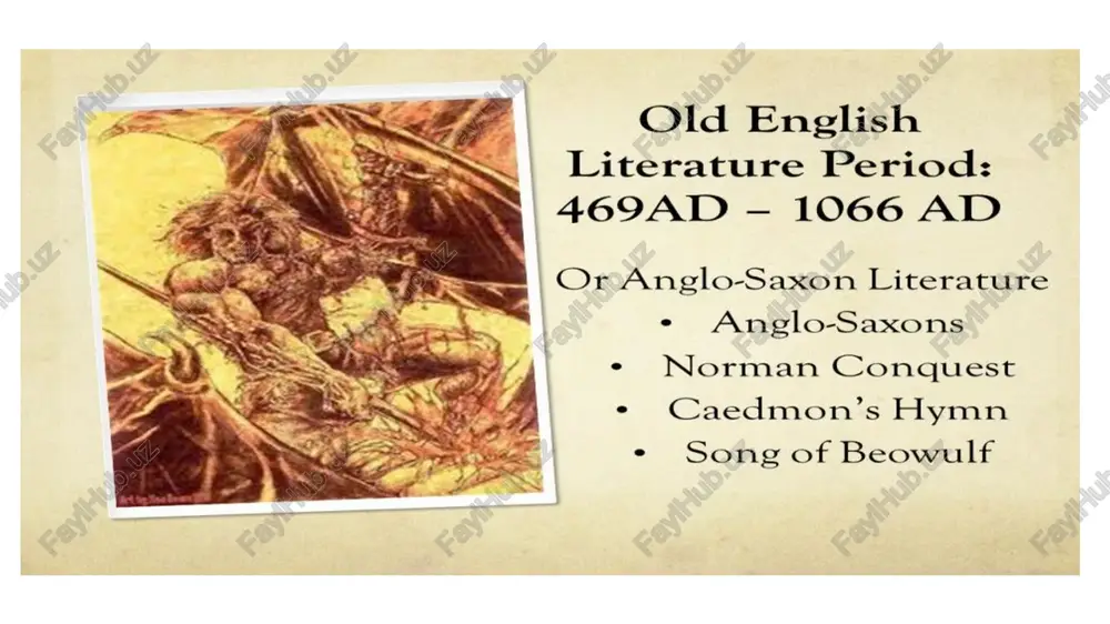 dern english s pane er ae ip opera ahr old english literature period: 469ad - 1066 ad or anglo-saxon literature ¢ anglo-saxons ¢ norman conquest * caedmon’s hymn ¢ song of beowulf anglo-saxon literature poetry * heroic ( beowulf) * elegiac (“the seafarer”) + lyric (‘caedmon's hymn") prose + latin (bede's history of the english (church and people) * old english (the anglo-saxon old english poetry an anthology w vs ro — e x +2a, ae xe £3 “af = 4-36—-+ ye a io aaao —h oe ps 226 zz» <a as pnppraxph r born-b os-o- rad-r cen-c 3iefu 3 pynn p he3l-h wealth "cattle" "thorn" "mouth" "ride" "torch" — "gift" "joy" hail” nyd-n is -i jear - j eeoh - e0 peord - p eolxec3 - x sizel - ‘ss tyr-t beorc-b "need" "ice" wear" "yew" "game" “elk-sedge" “sun" "tyr" "birch" eoh-e man-m lagu-1 ing- cedel - ce dee3-d …