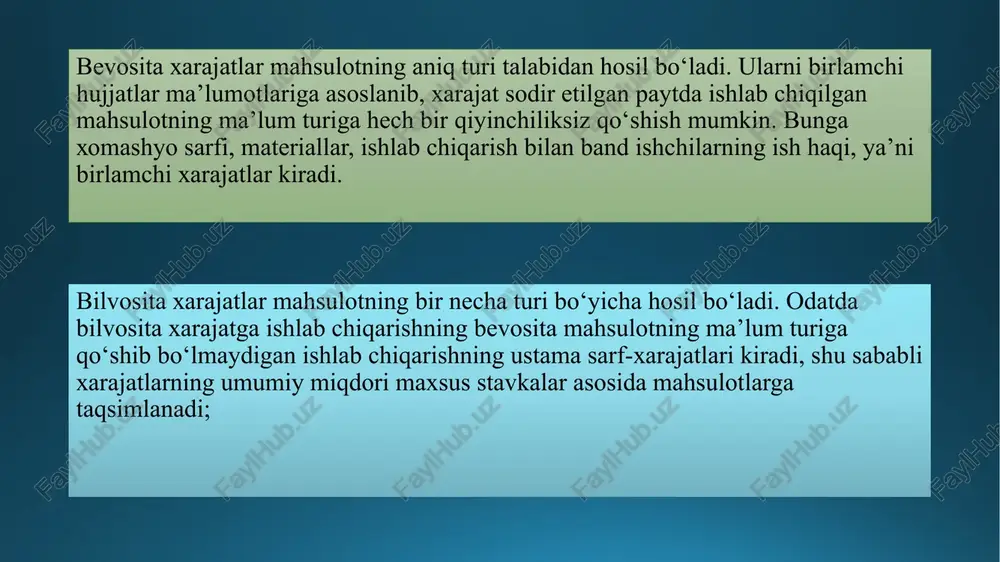 n imtiyozlar berilgan, biroq ba’zi korxonalar o‘zlariga tegishli preferensiyalardan foydalanmaydilar. bu ham mahsulot tannarxi va kompaniyaning moliyaviy ahvoliga ta’sir ko‘rsatadi. xarajatlarni taqsimlash uchun asos qilib turli bazalar olinadi. xarajatlar yiriklaridan maydalariga qarab taqsimlanadi: avval sexlar o‘rtasida, so‘ngra har bir sexda – buyurtmalar o‘rtasida, keyin har bir buyurtmada – mahsulotlar o‘rtasida. xarajatlar mahsulot birligiga taqsimlanganda ular tarkibini aniqlash zarur: o‘zgaruvchi-to‘g‘ridan to‘g‘ri, o‘zgaruvchi-bilvosita, doimiy- bilvosita xarajatlar. xulosa sifatida shuni aytish mumkinki, korxonalarning boshqaruvchilari bozor iqtisodiyoti sharoitida xarajatlar va ularning maqsadi haqida aniq ma’lumotlarga ega bo‘lishlari kerak. faqat ma’lumotlar asosidagina mahsulot (ish, xizmat)ni sotishdan oladigan foyda to‘g‘ri hisoblanishi, rentabellik to‘g‘ri aniqlanishi, sotilayotgan mahsulot bahosining asosli ekanligi tahlil qilinishi, umuman tanlangan xo‘jalik siyosatining to‘g‘ri ekanligi baholanishi mumkin. e’tiboringiz uchun rahmat image2.png image3.png image4.png image5.png image6.png image7.png image1.png y=a+bx 7 yoox o‘zgaruvchi y=a doimiy element i ds he yai ze, wl ‘ /docprops/thumbnail.jpeg mavzu: naja bosbaaish