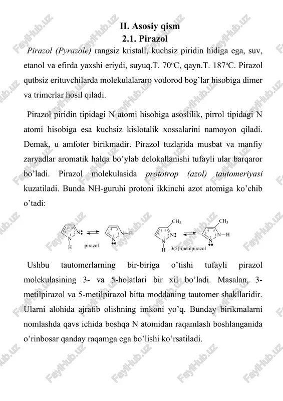 ilpirazol bitta moddaning tautomer shakllaridir. ularni alohida ajratib olishning imkoni yo’q. bunday birikmalarni nomlashda qavs ichida boshqa n atomidan raqamlash boshlanganida o’rinbosar qanday raqamga ega bo’lishi ko’rsatiladi. iv foydalanilgan adabiyotlar 1. dj. march, organicheskaya ximiya, t.1-4, moskva, mir, 1988. 2. o.a. reutov, a.l. kurts, k.p. butin, organicheskaya ximiya, t.1-4, moskva, 2004. 3. v.f. traven, organicheskaya ximiya, t. 1-2, moskva, akademkniga, 2004. 4. shabarov yu.s. organicheskaya ximiya. m.: ximiya, 2002. - 846s. 5. gauptman z., grefe yu., remane x. organicheskaya ximiya moskva: “ximiya”, 1979. - 831 s. 6. a.s. dneprovskiy, t.i. temnikova, teoreticheskie osnovi organicheskoy ximii, leningrad, “ximiya”, 1991. 7. p. sayks, mexanizmi reaktsiy v organicheskoy ximii, moskva: “ximiya”, 1991. 8. v.p. chernix, b.s. zimenkovskiy, i.s. gritsenko, organicheskaya ximiya, xarkov, 2007. 9. www.google.ru 10. www.ziyonet.uz 11. www.referat.uz image3.png image4.jpeg image5.jpeg image6.wmf oleobject3.bin image7.wmf oleobject4.bin image8.png image9.jpeg image10.jpeg image11.jpeg image12.jpeg image13.jpeg image14.gif image15.jpeg image16.jpeg image17.jpeg image18.jpeg image19.jpeg image20.jpeg image21.jpeg image22.jpeg image1.wmf oleobject1.bin …