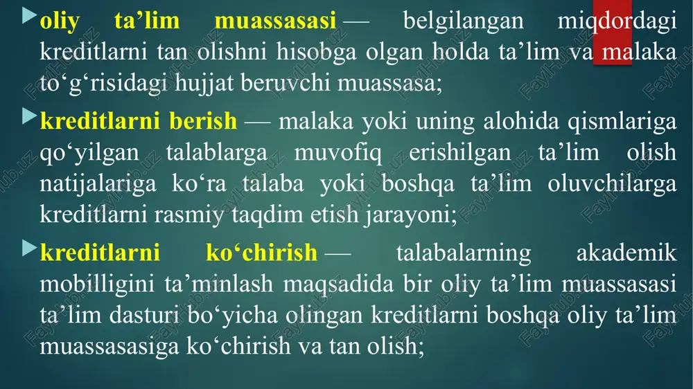 l ilish boshlangunga qadar talaba_tomonidan tanlangan hamda unga kema- tondo o'que | |kettikda bilimlar to’plash va xohlagan kompetensiyalar| | [| yilidan boshlab xar sbosqich —\yis*indisiga ega bo'lish imkoniyatini berish uchun|] oby t lim muassasasi bir o'quy yili talabaning shaxsiy ta’lim trayektoriyasini beleilash boshlangunga gadar ‘mobiliikal tashidl etish uchun quyidagilami amalea oshitish: 1. professor-o'gituvchilar tarkibining mobilligi ; abosaich _[{b0"yicha hamkor tashkilotlar bilan kelishuvlar tuzish; — || oj ta tim muassasasi, |] 9909/2021 o'quy esau 2. magistratura talabalarining ta'lim trayektoriyasida et ‘dorala arv@ \) vitidan boshlab doimo | mobillik oynasini tashkil etish: ar 3. bakalavriat talabalarining mobillik dasturlarini ishlab chigish va amalga oshirish. talim fain’ t@minlash uchun quyidagilami amalga oshirish: 1. ta'limning _kredit-modul__tizimini| | oliy tim muassasasi. |] 9931/3999 otquy s-bosqich [jakkreditatsiyadan o'tkazish bo'yicha_vakolatli-] tegishli vazirliklar va [5 ‘dan boshl: b dou tashkilotiar bilan bitim tuzish: idoralar . ab coun 2. ta'limning kredit tizimlarini akkreditatsiyadan o‘tkazish, talim berish natijasini tasdiglash maqsadida xalqaro …