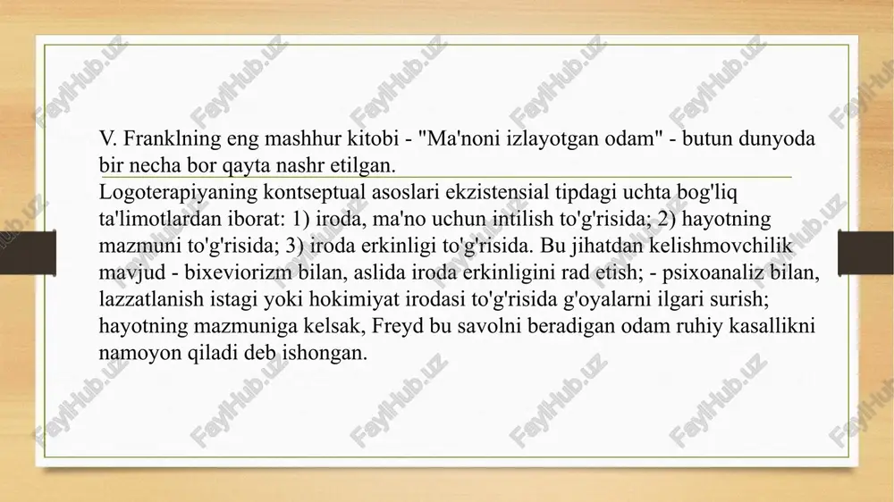 barchasi odatiy edi. biroq, odamlar ushbu qiyin sharoitlarga erkin munosabatda bo'lishdi. ijobiy ham, salbiy ham bepul. ular g'ayriinsoniy sharoitlarga rioya qilishni va so'yilgan hayvonga aylanishni yoki hamma narsaga qaramay, inson bo'lib qolishlarini, o'zligini saqlab qolishlarini tanlashlari mumkin edi. ikkinchi pozitsiya - ma'no irodasi - insonning yana bir asosiy xususiyati - ratsionallik bilan bog'liq. bizda mavhum fikrlash va aks ettirish (o'zimizga tashqi tomondan qarash qobiliyati) mavjud. va biz hayvonlardan biz aniq bilishimiz bilan farq qilamiz: biz albatta o'lamiz. bizning boyligimizdan xabardor bo'lish bizni "nima uchun va nima uchun yashayman?" degan savolga javob izlashga majbur qiladi. bu bo'sh savol emas. agar bizda javob bo'lmasa, unda hayot biz uchun o'z qadr-qimmatini yo'qotishi mumkin. "hayot - bu o'z qadriyatidir!" - e'tiroz bildirasiz. ha, lekin bu o'lim bilan tugaydi. nima uchun yashashni bilmagan odam, shunchaki yashashga hojat yo'q deb o'ylashi mumkin. shuning uchun biz ma'no izlayapmiz, bizni ma'no izlash, harakatlarimizdagi ma'noni anglash bizni rag'batlantiradi. biz …