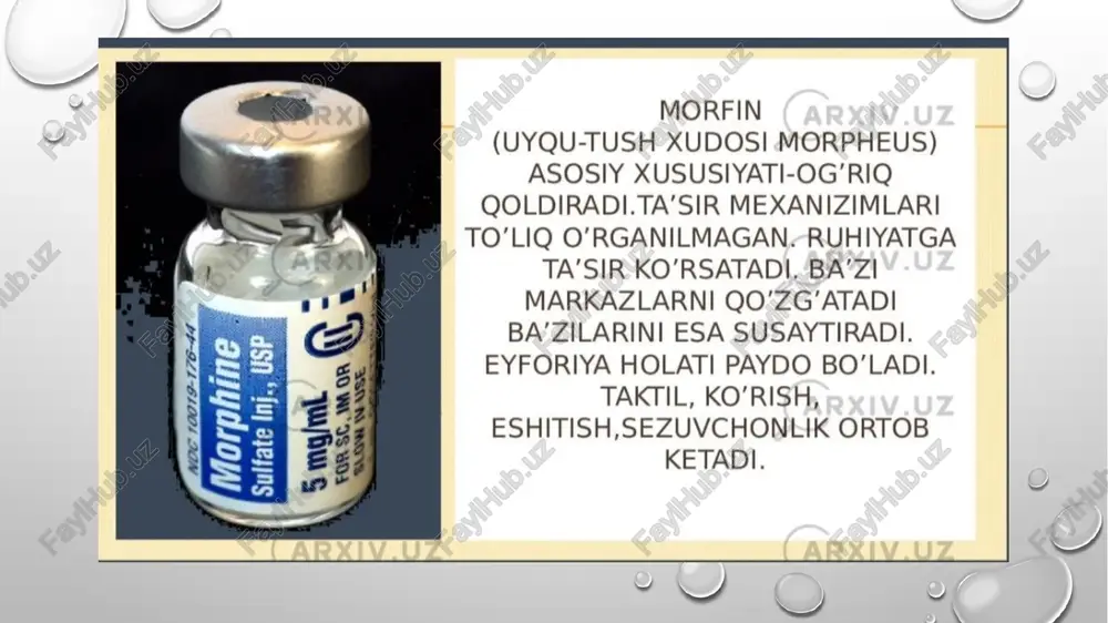 r sintetik moddalar bo'lib, o'g'riq goldiruvchi, haroratni tushiruvchi, yallig' shishge garghi * nonarkotik analgetiklar-markaziy nerv sistemasiga ta'sir etuvchi moddalarga shartli ravishda narkotik analgetiklar bilan solishtirish uchun kiritilgan, chunki, ular tinchlantiruvchi, uhlatuvchi, eyforiya, tobelik paydo qiluvchi kiruvchi: moddalar: 1.atsetilsalitsilat kislota 2.metilsalitsilat 3.amidopirin 4.analgin 5.butadion 6.fenatsetin 7.paratsetamol salitsilatlar metilsalitsilat, natriy sal, atsetilsalitsilat kislota 02 | pirazalon unumlari amidopirin, analgin, butadion le: | anilin unumlari_ | fenatsetin, paratsetamol * nonarkotik analgetiklar kuchli yallig4anishga qarshi ta‘sir qiladi. asosan nevrit, miozit, mialgiya artralgiya,,bosh og‘rig‘i, tish-og‘riglarida yaxshi ta'sir qiladi * yallig'lanishga qarshi ta‘siri bo'yicha birinchi o'rinda butadion, keyin salitsilatlar turadi ¢ nonarkotik-analgetiklarning og‘rigni qoldirish mexanizmlari pariferik yallig'lanishga garshi ta‘siri bilan bog'lig. ma'lumki, yallig'lanishda prostaglandinlar miqdori oshadi, prsotaglandinlar esa sezuvchanlikni oshirib og‘rigni zo‘raytiradi. nonarkotik analgetiklar esa prostaglandinlar hosil bo'lishini, retseptorlardagi bosimni pasaytiradi, ; em mz tin i) 4 *} salitsilatlar (apxiv uz pyiv 17 nonarkotik analgetiklarning asoschisi hisoblanadi, eng ko'p go'llaniladigan modda atsetilsalitsilat kislota. bu moddani og'riq …