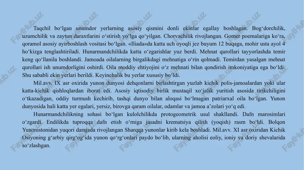 ing asosiy ramzi ozod kishi mavqeyi edi. yunon fuqarolik mavqeyini fuqaro ota-onadan tug‘ilishi bilan olar edi. fuqarolik huquqini boshqa polisdan kelganlarga sovg‘a qilish­ga faqat polisning xalq yig‘ini haqli edi. oligarxiya hukmron bo‘lgan polislarda fuqarolik mavqeyiga ega bo‘lish uchun fuqaro mulkiy senz, yerga egalik, og‘ir qurol-aslahasi mavjudligi shart­larini bajarishi lozim edi. polisning iqtisodiy asosini qishloq xo‘jaligi, yerga fuqaroning erkin mehnat qilishi tashkil etar edi. yerga egalik, dehqonchilik uzoq vaqt polis fuqarosining imtiyozi bo‘lib qoldi. polis fuqarosidan boshqa hech kim uning hududida yerga egalik qilish huquqiga ega emas edi. polis fuqarolar jamoasiga tegishli jamoa yerlariga egalik qila olmas edi. har bir fuqaroning eng muhim huquqi va bir vaqtning o‘zi­da majburiyati, bu uning o‘z polisining himoyasida shaxsan ishtirok etishi edi. uncha katta bo‘lmagan yunon polislari muntazam qo‘shin saqlash qobiliyatiga ega emas edilar. shu sababli, uning himoyasi erkaklar zimmasida edi. qo‘shinning asosini tashkil qilgan og‘ir qurollangan falangani o‘rta hol fuqa­ro-dehqonlar tashkil etar edi. yunon …