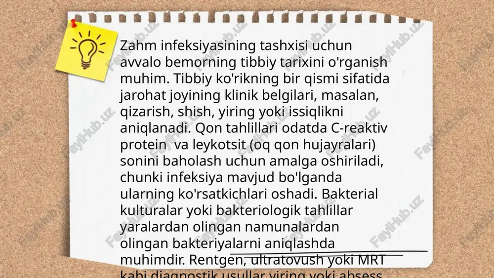 ori yo‘q va ular murakkab muhitlarda yashash qobiliyatiga ega. ... t.me/slaydai_bot mikoplazmoz infeksiyasining tashxisi uchun avvalo klinik ko'rinishlar e'tiborga olinadi. laboratoriya diagnostikasi sifatida polimeraz zanjir reaktsiyasi (pzr) testi keng qo'llaniladi, bu esa infektsiyani aniqlashda yuqori aniqlikni ta'minlaydi. shuningdek, serologik testlar yordamida mikoplazmaga qarshi antitanalarni aniqlash usuli ham qo'llaniladi. mikoplazma infeksiyasi odatda nafas yo'llari yoki genital tizimda paydo bo'lishi mumkin, shuning uchun namuna olish uchun tomoq yoki genital bo'shliqdan surtma olinadi. mikoplazma hominis va mycoplasma genitalium kabi turlari ko'pincha uchraydi, va diagnostika uchun spetsifik testlar talab etiladi. optimal tashxis qo'yish uchun bir nechta metodlarni birgalikda qo'llash tavsiya etiladi. ... t.me/slaydai_bot tanosil infeksiyalari jinsiy yo‘l bilan yuqadigan kasalliklar bo‘lib, ularning keng tarqalgan simptomlari qatoriga quyidagilar kiradi: jinsiy a'zolarda qichishish, og‘riq yoki achishish, shish yoki qizarish, ajratma yoki yiringli chiqindilar, jinsiy aloqada og‘riq, siydik chiqarishda noqulaylik, yuqori harorat va umumiy holsizlik. ayrim hollarda, yara yoki noto‘g‘ri tuzilishlar paydo bo‘lishi mumkin. bu simptomlar infeksiya …