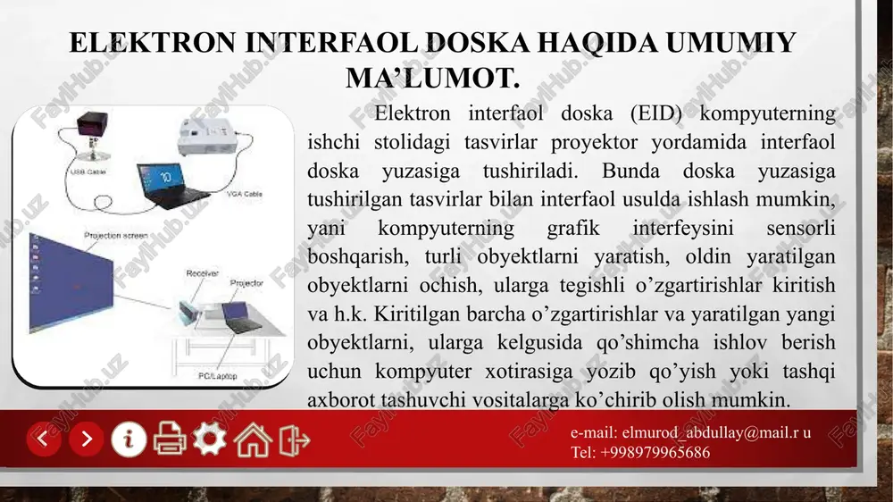 a turli formatdagi materiallarni (masalan, video, slaydlar, grafiklar) ko‘rsatish imkonini beradi. ko‘p foydalanuvchi rejimi: bir vaqtning o‘zida bir nechta kishi doskada ishlay oladi, bu esa jamoaviy taqdimotlar va muhokamalar uchun juda qulay. vizual o‘qitishni yaxshilaydi: ko‘rgazmali taqdimotlar orqali ma’lumotlarni osonroq qabul qilish va tushunish imkonini beradi. o‘quvchilar va ishtirokchilarni jalb etadi: interaktivlik jarayonni qiziqarli va faol qiladi, ayniqsa bolalar uchun o‘qitishda samarali. interaktiv doskalar qayerlarda qo‘llaniladi? e-mail: elmurod_abdullay@mail.r u tel: +998979965686 ta’lim muassasalari: maktablar, kollejlar va universitetlar o‘quv jarayonini interaktiv qilish uchun foydalanadi. biznes va ofislar: kengashlar, seminarlar va taqdimotlarda samaradorlikni oshirish uchun ishlatiladi. konferensiyalar va tadbirlar: prezentatsiyalar va seminarlar davomida ishtirokchilar bilan faol muloqotni ta’minlash uchun ishlatiladi. e-mail: elmurod_abdullay@mail.r u tel: +998979965686 etiboringiz uchun rahmat image3.jpg image4.jpg image5.png image6.jpg image7.jpg image8.jpg image9.jpeg image10.jpeg image11.jpg image12.png image13.jpg image14.jpg image15.jpg image16.jpg image17.jpeg image18.jpeg image19.jpeg image20.jpg image21.jpeg image22.jpeg image1.jpeg image23.jpg cmt mos wb4700 normal whiteboard walt table usb cable ] best interactive …