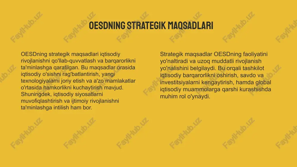 ihalarini muvaffaqiyatli amalga oshirishga xizmat qiladi. bu xizmatlar a’zolarning strategik maqsadlariga erishishda muhim omil bo‘lib, ularning global iqtisodiy o‘zgarishlarga moslashuvchanligini oshiradi. oesd maslahat xizmatlari oesd rivojlantirish imkoniyatlari oesdning rivojlantirish imkoniyatlari uning dasturlari va loyihalariga bog'liq bo'lib, bu tashkilotning iqtisodiy hamkorlikni kengaytirish va rivojlantirishga qaratilgan harakatlarini o'z ichiga oladi. bu imkoniyatlar yangi texnologiyalar, iqtisodiy siyosatlarni takomillashtirish va a'zolarga moslashtirilgan xizmatlar orqali kengaytiriladi. yangi imkoniyatlar yaratish uchun oesd a'zolar bilan hamkorlikni kuchaytiradi, innovatsion loyihalarni amalga oshiradi va iqtisodiy rivojlanishni stimulyatsiya qiladigan dasturlarni ishlab chiqadi. bu esa mamlakatlarning iqtisodiy barqarorligini ta'minlash va global iqtisodiy jarayonlarga integratsiyani oshirishga xizmat qiladi. oesdning iqtisodiy hamkorlikdagi roli savdo va investitsiyalar rivoji oesd a'zolari orasida savdo hajmini oshirish va investitsiyalarni jalb qilish uchun qator mexanizmlar va tashabbuslar ishlab chiqadi. bu, o'z navbatida, iqtisodiy o'sish va raqobatbardoshlikni kuchaytiradi. a'zolar o'rtasidagi hamkorlik imkoniyatlari tashkilot a'zolari o'rtasida hamkorlikni mustahkamlash uchun loyiha va dasturlarni qo'llab-quvvatlaydi, shuningdek, savdo va investitsiya siyosatlarini muvofiqlashtirishga yordam …