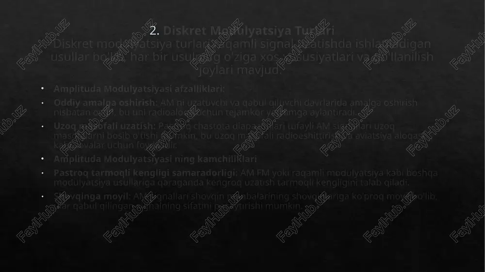tli signal: signalning faza va vaqti belgilangan vaqtarda o'zgarishi mumkin. 4. diskret modulyatsiya sistemalarining qo'llanilishi diskret modulyatsiya sistemalarining qo'llanilishi haqida ma'lumot berishim mumkin. diskret modulyatsiya, o'zgarishsiz analog modulyatsiyadan farqli ravishda, diskret signallarning modulyatsiyasi va demodulyatsiyasini o'z ichiga oladi. diskret modulyatsiya sistemalari quyidagi muhim vazifalarni bajaradi: ma'lumotni o'zgartirish: diskret modulyatsiya, ma'lumotni o'zgartirish va tarqatish uchun ishlatiladi. mobil aloqa: ko'p qatorli telefoniyada, wi-fi tarmoqlarida va boshqa mobil aloqa tarmoqlarida diskret modulyatsiya muhim ahamiyatga ega. signalni sifatli vaqtli tashqarilash: diskret modulyatsiya, signalni sifatli vaqtli tashqarilishni ta'minlaydi, shuningdek, signalni ko'chirish va qabul qilishda ishlatiladi. diskret modulyatsiya sistemalarining qo'llanilishi quyidagi bosqichlardan iborat bo'ladi: ma'lumotni kodlash: ma'lumotni diskret signalga aylantirish uchun ma'lumotni kodlash kerak bo'ladi. modulyatsiya: kodlangan ma'lumotni modulyatsiyalash jarayoni. kanallar orqali tarqatish: modulatsiyalangan signalni aloqa kanallari orqali tarqatish. demodulyatsiya: tarqatilgan signalni demodulyatsiya qilish va asal ma'lumotni qayta tiklash. xulosa har bir modulyatsiya turi o'zining afzalliklari va kamchiliklariga ega, shuning uchun ular turli xil amaliyotlarda qo'llaniladi. …
