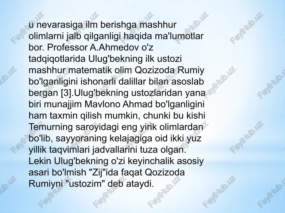 bosib o'tuvchi karvonlar ham ulug'bekning jadvallaridan vaqtni va geografik koordinatlarini aniqlashda foydalanmoqda. ulug'bek o'z atrofiga salohiyatli ilm ahlini to'play oldi. ularning boshini biriktirib, astronomiya, matematika, mantiq, tarix va falsafa fanlari bo'yicha yirik ilmiy maktab, hozirgi zamon tili bilan ifodalanganda akademiyaning faoliyatiga rahbarlik qildi. bu maktabda taniqli olimlar qozizoda rumiy,g'iyosiddin jamshid al-koshiy, ali qushchi o'z faoliyatlarini olib borganlar. shuningdek, bu maktabda amir temur davrida faoliyat olib borgan olimlarning falsafa, mantiq (ma'sud ibn umar taftazoniy /1330-1390/), tarix (sharafiddin ali yazdiy, ibn arabshoh), sosiologiya (ibn xaldun), geografiya va boshqa sohalarga oid ilmiy an'analar ham davom ettirilgan. bu maktab (akademiya) ulug'bekdan keyin ham bir qancha yillar davomida o'z faoliyatini davom ettirdi. etiboringiz uchun tashakkur! image1.png image2.png image3.png image4.jpeg image5.jpeg image6.jpeg image7.jpeg image8.jpeg image9.jpeg image10.jpeg /docprops/thumbnail.jpeg maktagacha lim yonalishi249-guruh talabasi karimova malohat 4k ning" ozbekistonning eng /# yang! riki" fanidan ( thvvorlagan tagdingr