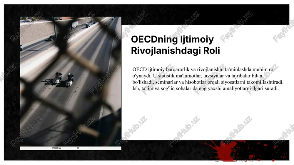 i. ular mamlakatlar o'rtasida iqtisodiy farqlarni kamaytirishga yordam beradi. masalan, oecd tomonidan qo'llab-quvvatlangan makroiqtisodiy strategiyalar va ta'lim, innovatsiya dasturlari rivojlangan va rivojlanayotgan davlatlarda iqtisodiy barqarorlikni oshiradi. bu ta'sirlar dunyo iqtisodiyotining barqarorligini ta'minlaydi. mavzu bilan muvofiq va aniq ifodalangan slayd mazmuni swot tahlil shaklida bo‘lib, uning har bir bo‘limi aniq va to‘liq ifodalangan. yetarlicha misollar yoki ma'lumotlar yo‘q har bir bo‘limda aniq misollar yoki statistik ma'lumotlar bilan qo‘llab-quvvatlash mumkin edi. yangi ma'lumotlar va statistikalar qo‘shilishi mumkin so‘nggi yillarda oecd ning ijtimoiy rivojlanishga ta'siri haqida yangi ma'lumotlar va statistikalar bilan boyitish mumkin. kuchli raqobat va muammo manbalari ijtimoiy muammolar, iqtisodiy inqirozlar va siyosiy noaniqliklar oecd ning rivojlanish strategiyalariga ta'sir qilishi mumkin. s o w t oecdning xalqaro hamkorlik yondashuvlari amaliy misollar va muvaffaqiyatlar oecdning xalqaro hamkorlikda strategik hamkorlik, tahlil va muvofiqlashtirish yondashuvlari davlatlar o‘rtasida iqtisodiy va ijtimoiy sohalarda ishlashni rivojlantiradi. oecdning iqtisodiy siyosatlarni muvofiqlashtirish dasturlari, rivojlangan va rivojlanayotgan davlatlar o‘rtasida tajriba almashish …