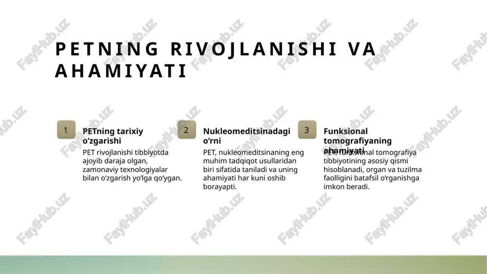 afiya umumiy diagnostik vositalar orasida asosiy joy tutadi. shifokorlar uchun ahamiyatli bir asbob. xulosa 01 asosiy mavzular pozitron emissiya tomografiyasi (pet) tajribasining muhimligi, radiotracerlar va tibbiyot sohalari bo'yicha o'zgarishlarni ko'rsatish, va tuzilma va organ funktsiyalarini o'lchash uchun qanday ishlatilishini o'rganing. 02 petning klinik foydalanish tarixi pet, nukleomeditsining muhim qismi bo'lib, onkologiya, nevrologiya, kardiologiya sohalari va diagnos qilishda katta ahamiyatga ega. ushbu texnologiya shifokorlar uchun muhim amaliyotdir. 03 xulosa pet tomografiyasi, tibbiyot sohasida katta o'rnatilgan va nevroloji, onkologik va kardiologik muammolarni diagnos qilishda ajralib turuvchi va eng yangi texnologiyalardan biridir. ushbu qurilmalarning yanada rivojlanishiga katta e'tibor qaratilishi kerak. e'tiboringiz uchun rahmat! image1.jpg image2.jpg image3.jpg image4.jpg image5.jpg /docprops/thumbnail.jpeg click to edit master title style