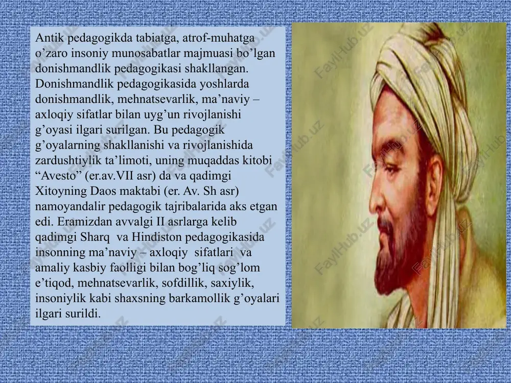 shi va nihoyat o‘quvchilarni mustaqil hamda ijodiy fikrlashga, tadqiqot ishlariga o‘rgata olishini talab qiladi. shuning uchun o‘qituvchi o‘z ustida doimo ishlashi, mustaqil bilim egallashi, kasb mahoratini takomillashtirishi, malakasini oshirishi faoliyatining oshirishda zaruriy shartlardandir. xulosa yuqoridagi fikrlardan kelib chiqib shuni aytish joizki, sharq va g‘arb mutafakkirlari «har bir inson ilm-fan, uning mazmunidan voqif bo‘lishi kerak, ilm olib aqliy kamol topishi kishining yoshligidan to umrining oxirigacha davom etmog‘i lozim» g‘oyasini ilgari surishadi. ular barcha guruhdagi ma‘naviy qadriyatlarning mohiyatida eng oliy tuyg‘u — insonpavarlik yotadi, deb fikrga kelishadi. allomalarning ta‘kidlashicha, insonparvarlik — insonning sharafi, vijdoni va imonining mahsuli hisoblanadi. o‘qituvchi ta‘lim berish jarayonida yangiliklardan foydalanishi, innovatsion texnologiyalar asosida bolalarni qiziqtirishi uchun turli metodlardan foydalanishi mqsadga muvofiqdir. bu usul barcha uchun ham hamda yosh o‘sib kelayotgan avlodning mukammal shaxs sifatida kamol topishi uchun muhum vositadi tuzuvchi: mamatova madina image1.jpeg image2.jpeg image3.jpeg image4.jpeg image5.jpeg image6.jpeg image7.jpeg image8.jpeg image9.jpeg image10.jpeg image11.jpeg image12.jpeg image13.jpeg image14.jpeg image15.jpeg image16.jpeg …
